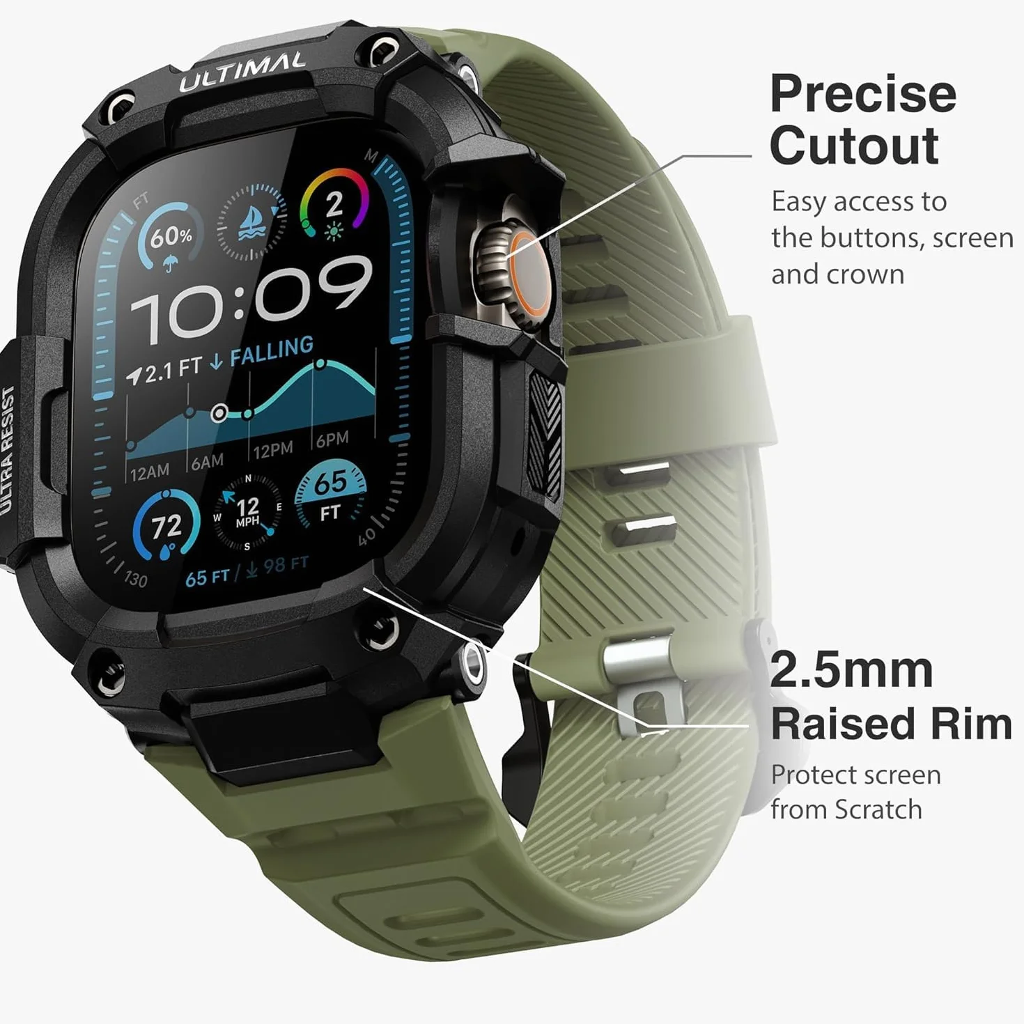 Etui ochronne ULTIMAL z paskiem do Apple Watch Ultra 49mm, wojskowy bumper, zielony