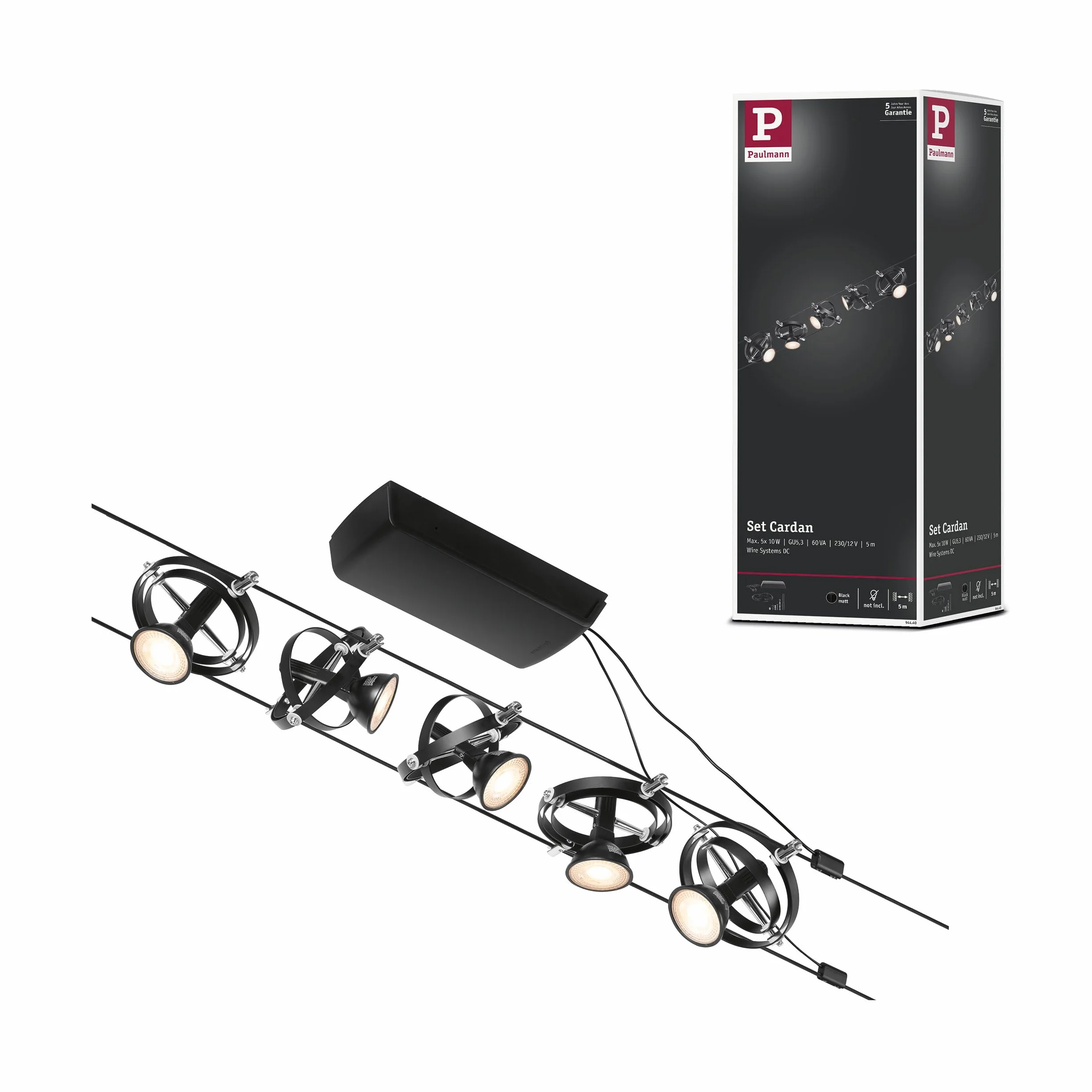 Paulmann 94440 CorDuo system linkowy Set Cardan DC maks. 5 x 10 W, z możliwością rozbudowy, czarny mat, linka metalowa, system linkowy, G5,3, bez żarówek.