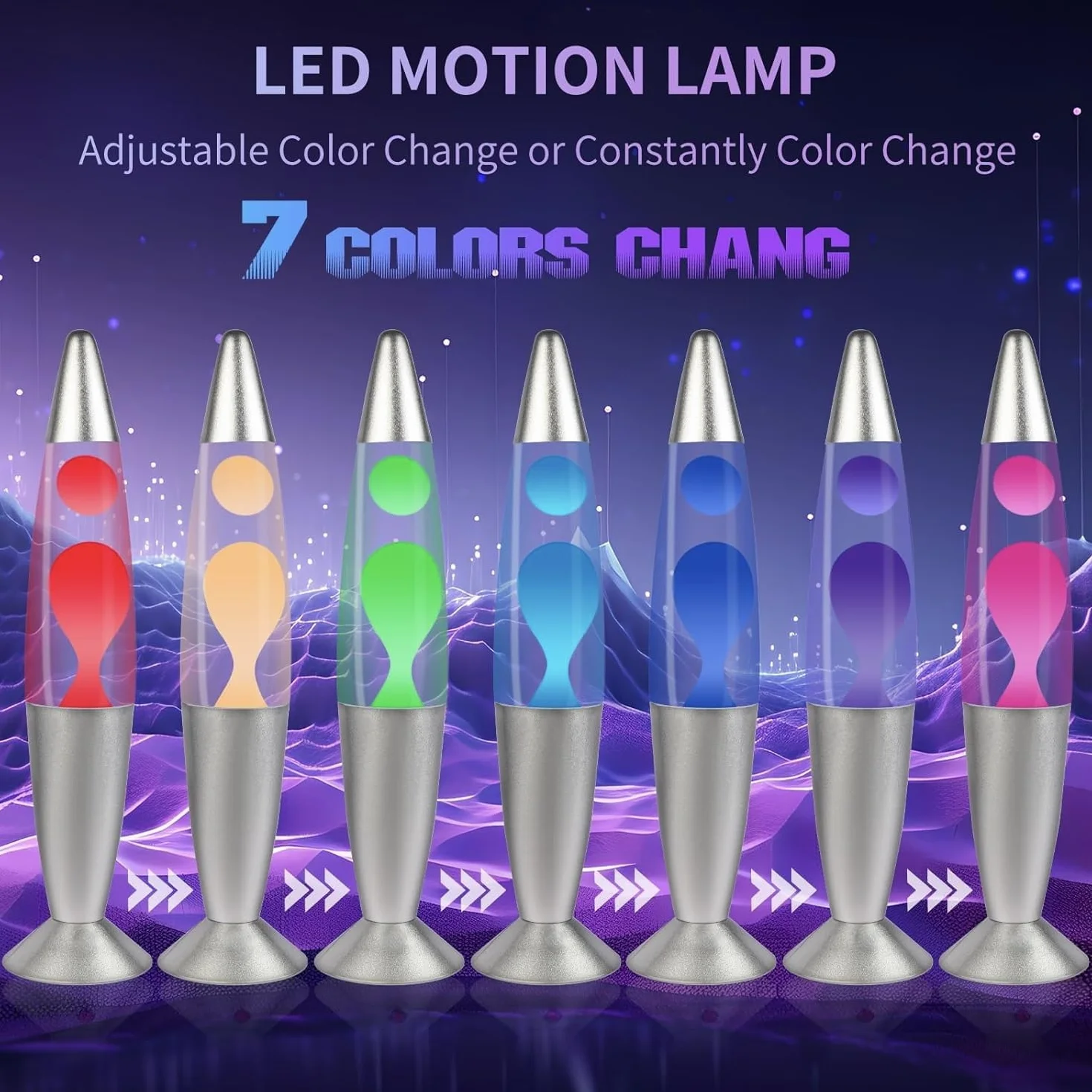 CELLUSTOP Lampa Led z ruchem wosku, wielokolorowa lampa lawowa w kształcie rakiety, stały strumień lawy, wielokolorowe światło LED, solidne szkło, aluminium, 7 alternatywnych kolorów, żółta