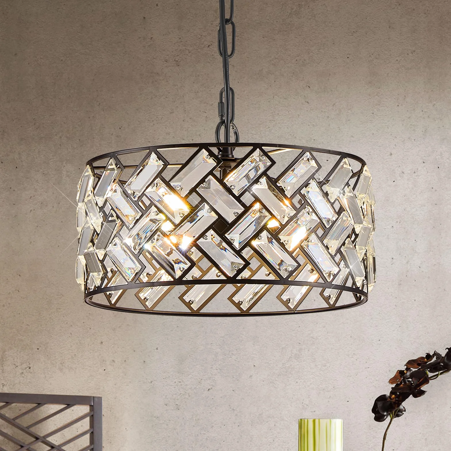 Czarna kryształowa lampa wisząca, dom wiejski, 4 lampy, 30 cm, okrągły, nowoczesny, półpodtynkowy, żyrandol sufitowy, do kuchni, jadalni, sypialni, przedpokoju, przedpokoju