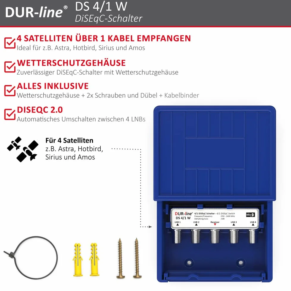 DUR-line Przełącznik DiseqC 4/1 - w obudowie chroniącej przed warunkami atmosferycznymi do odbioru 4 satelitów dla 1 uczestnika - Przełącznik sygnału LNB do odbiornika satelitarnego - do instalacji