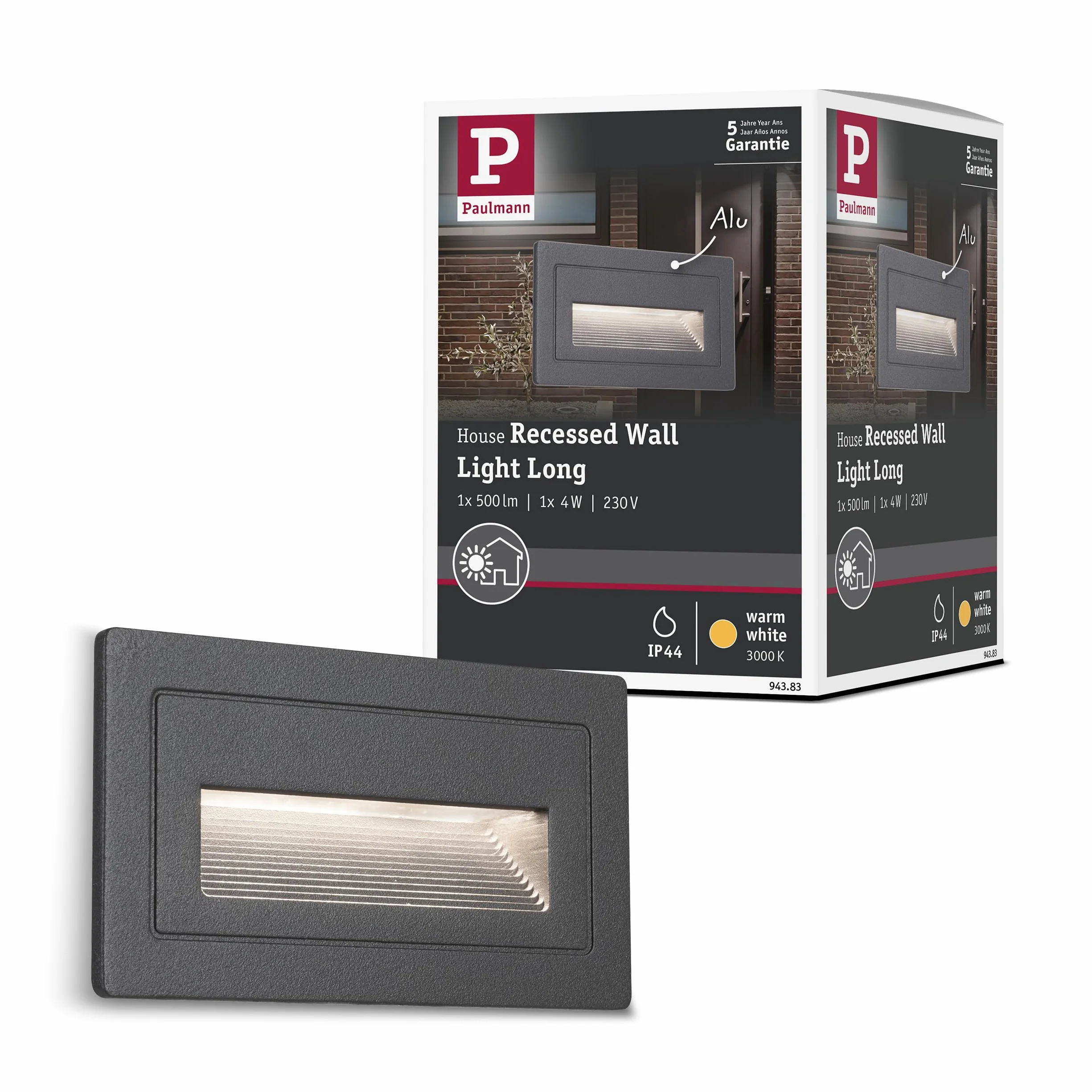 Paulmann 94383 LED oprawa zewnętrzna oprawa wpuszczana w ścianę zewn. Long IP65 103x58mm czworok. w kompl. 1x4 W czarna lampa zewn. aluminium 3000 K