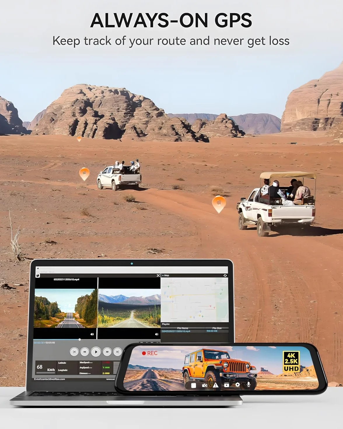WOLFBOX Dashcam 4K + 2,5K für Rückspiegel 12 Zoll Bildschirm WDR Nachtsicht 64GB GPS
