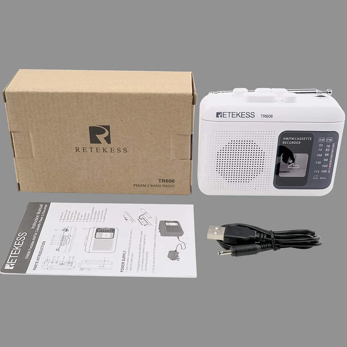 Retekess TR606 Przenośny Odtwarzacz Kaset Magnetofon Radio FM AM Gniazdo Słuchawkowe 3,5 mm Szybkie Przewijanie Biały