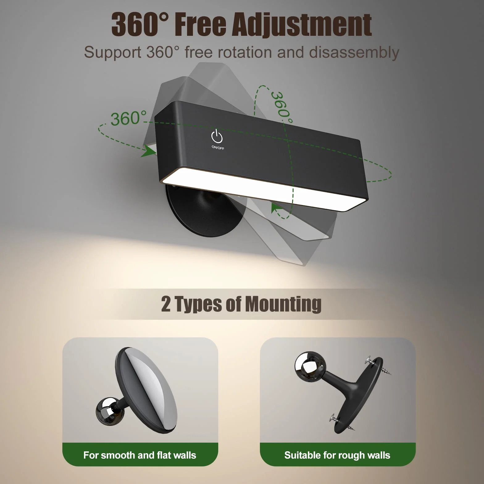 YiLaie Lampa ścienna LED do wnętrz 2 szt., z baterią 4000 mAh, obrót 360°, regulacja jasności, bezprzewodowa lampa ścienna, dotykowa lampka nocna, lampka do czytania, czarna