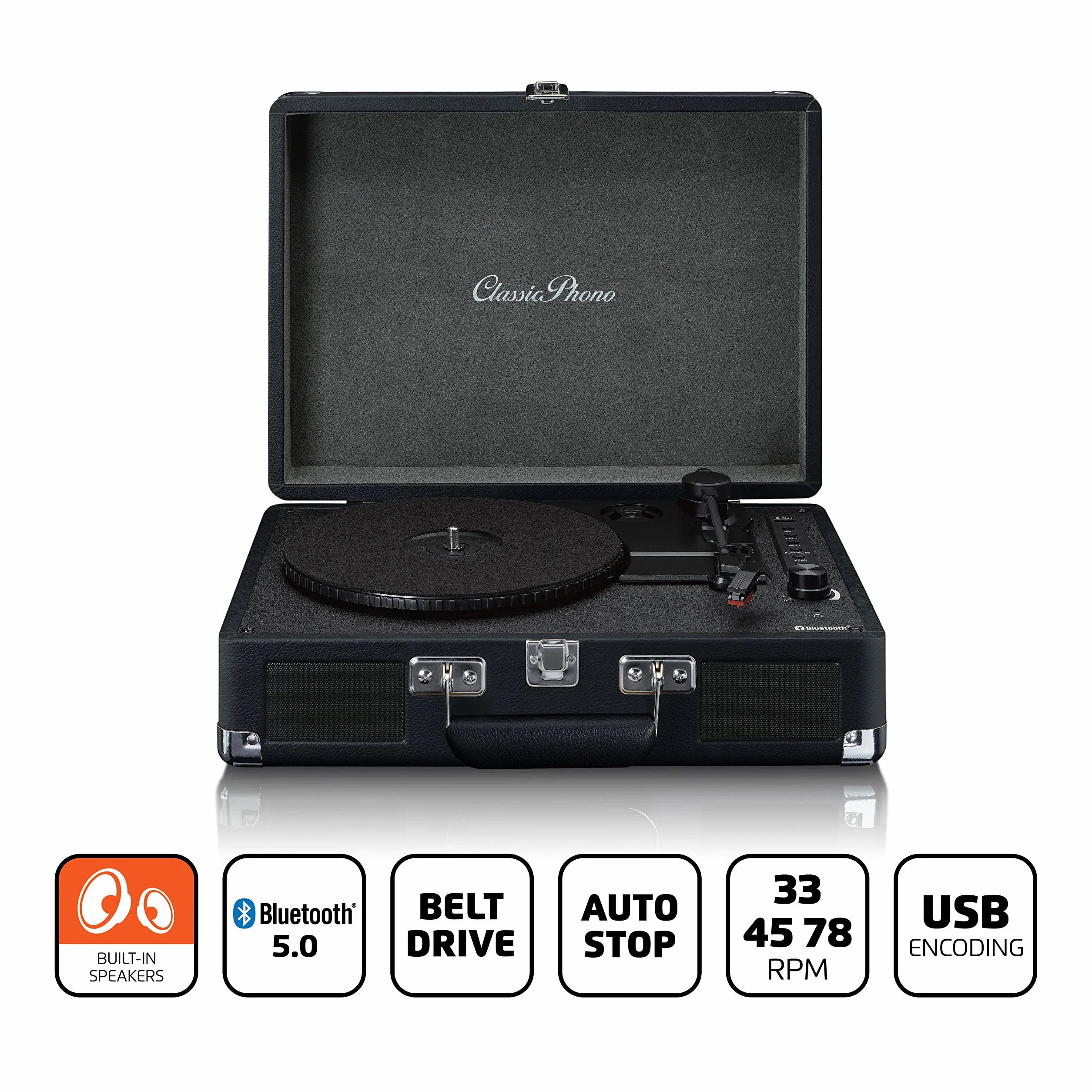 Classic Phono TT-115 gramofon – Bluetooth – USB – 3 prędkości – bezpośrednie nagrywanie na USB bez komputera – napęd pasowy – czarny