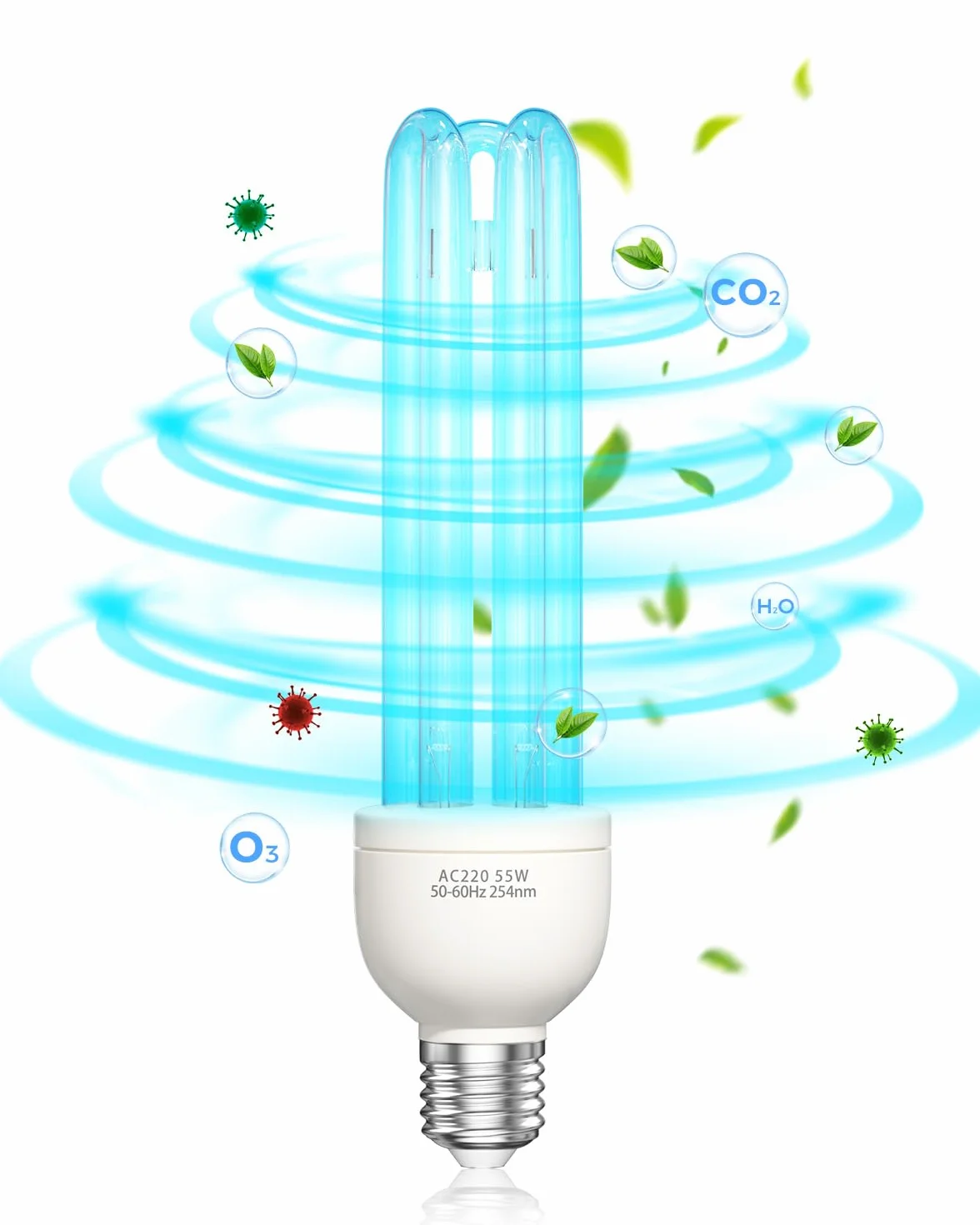 Lampa bakteriobójcza UVC żarówka UV 55 W 254 nm E27 z ozonem UVC silna sterylizacja i dezynfekcja AC220-240V idealna do kuchni, sypialni, salonu, biura i szkoły świeże powietrze (1 szt.)