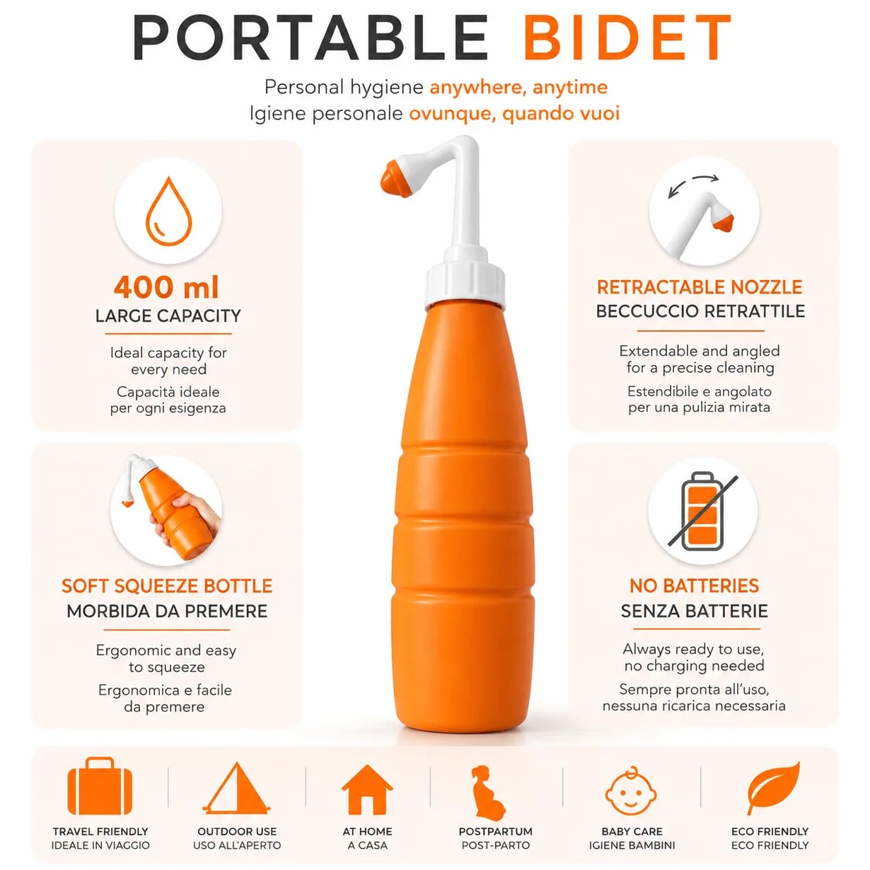 Przenośny bidet | Hello Bidet Bottle | Bidet podróżny i torba | Spray do higieny intymnej | Idealny również dla dzieci i higieny kobiet | z etui | 400ml