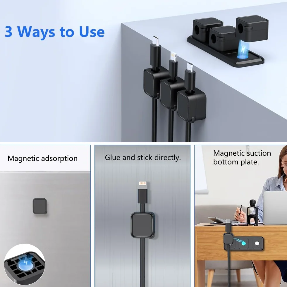 Uchwyt do organizera, 2 x 3 gniazda, samoprzylepne magnetyczne klipsy na biurko, organizer na przewody, organizer na biurko na stolik nocny, do biura, USB, kabel audio, kabel komputerowy