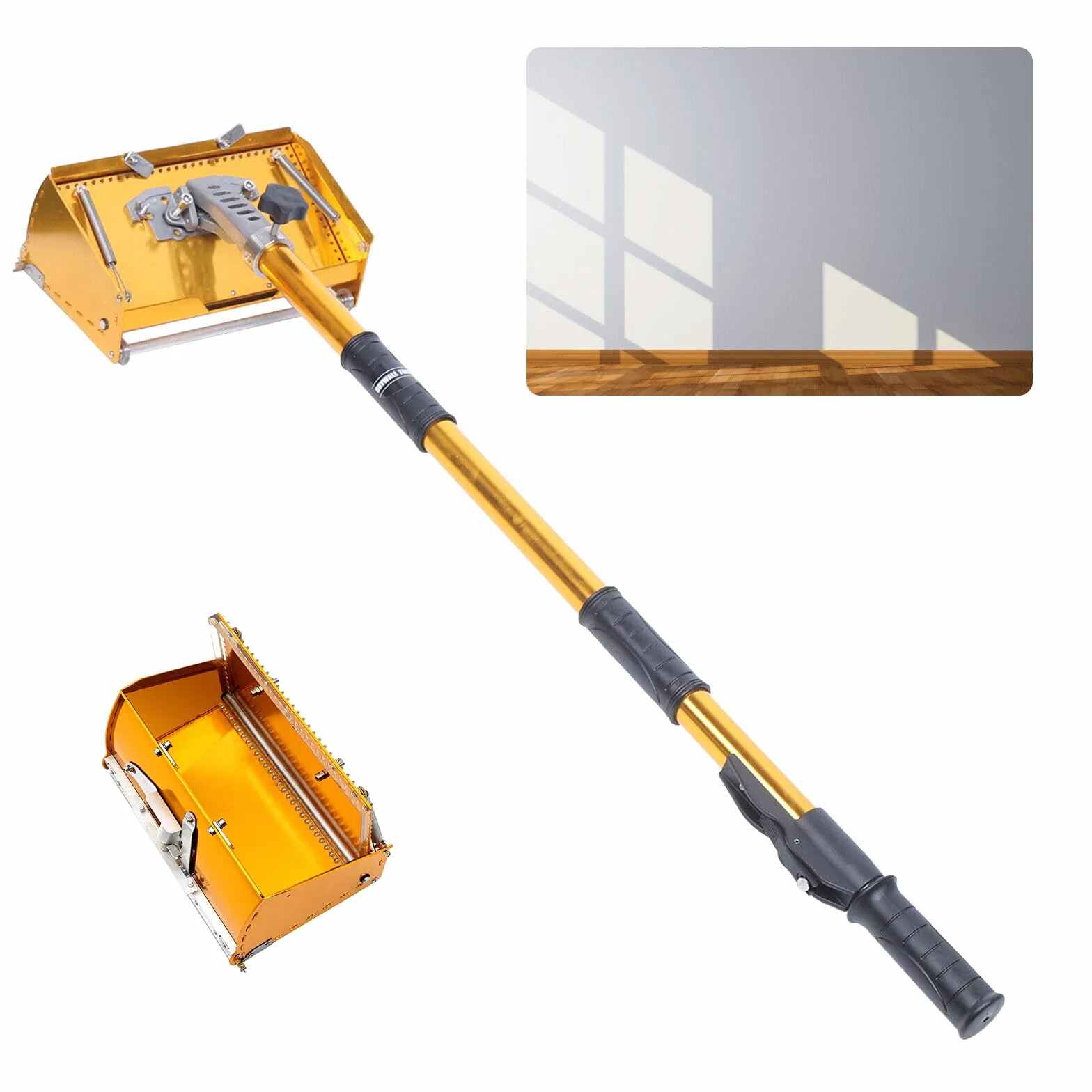 Kielnia do płyt gipsowo-kartonowych, 10", płaski pojemnik do wykończenia płyty gipsowo-kartonowej z regulowanym uchwytem 40-64", szybki przełącznik teleskopowy, regulowany kąt głowicy skrobaka,