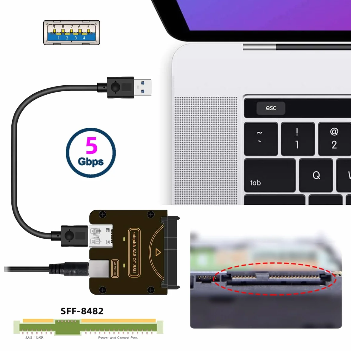 Adapter SAS SFF-8482 na USB 3.0 5 Gb/s 29-pinowy