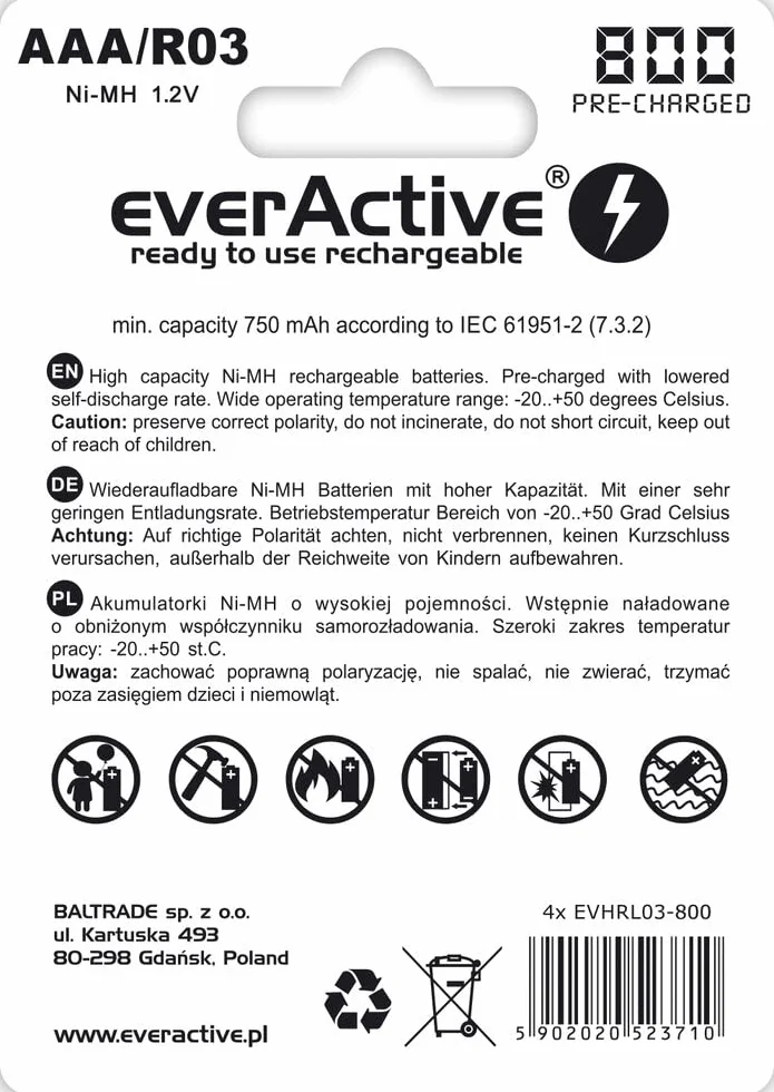 everActive Akumulator AAA 800 mAh NI-MH Micro R03 1,2 V 4 sztuki blister