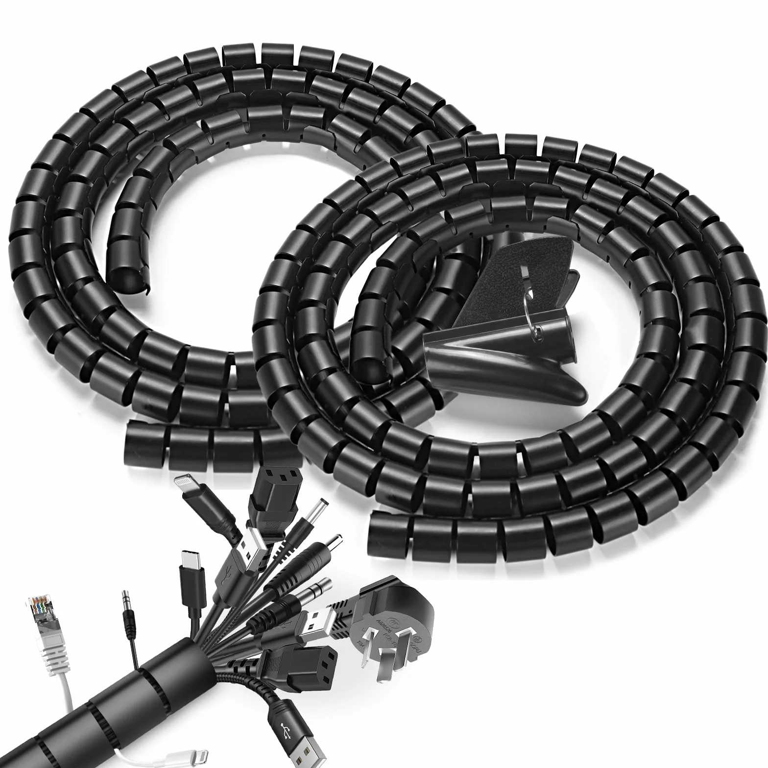 Romon 2 sztuki Spiral Cable Cover, 22mm x 3 metry x 1, 28 mm x 3 metry x 1 kabel, z 1 klipsem prowadzącym, spiralna elastyczna rura do telewizora PC, czarny