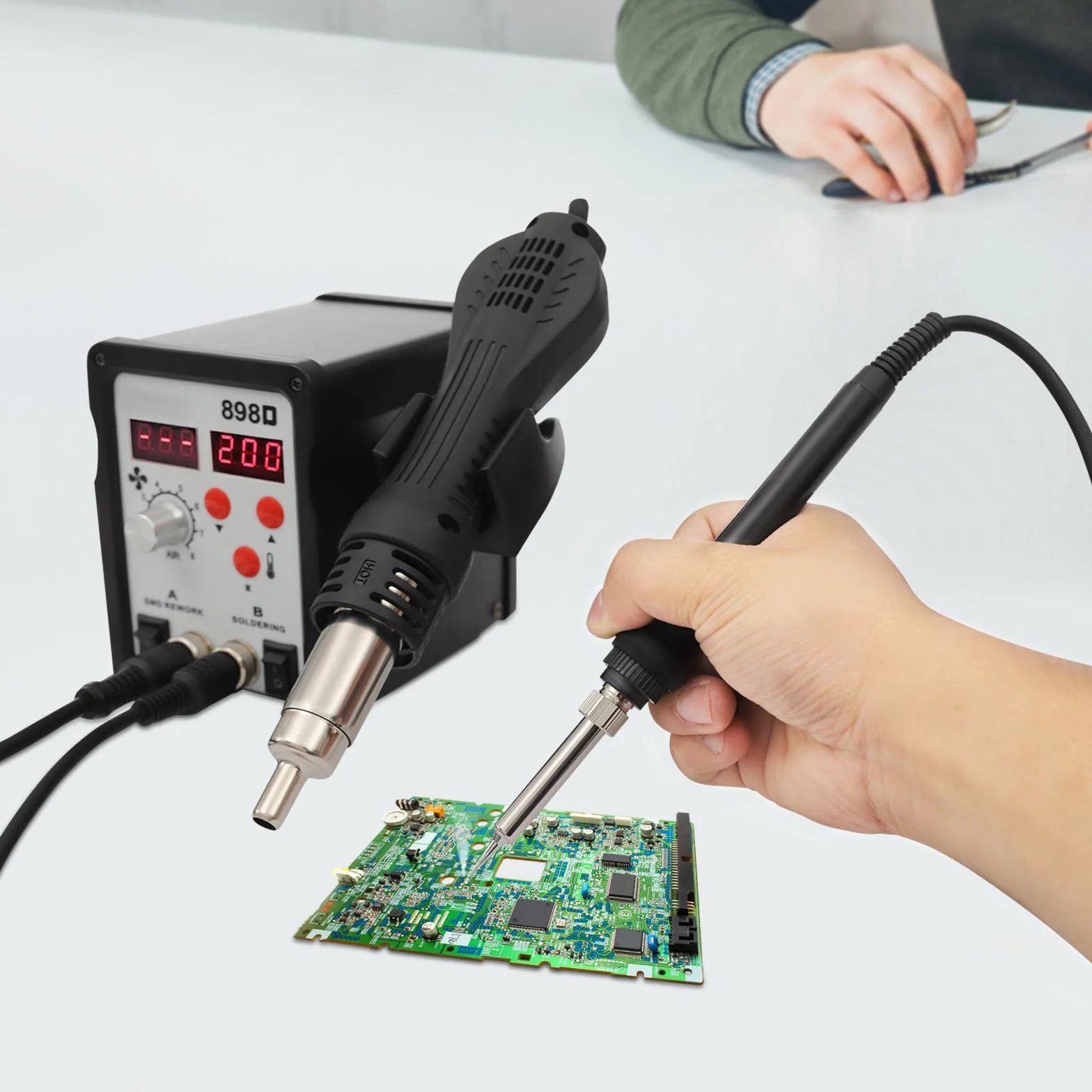 750W stacja lutownicza z pistoletem powietrznym i lutownicą, regulacja temperatury 200-480°C, 8 prędkości, wyświetlacz LED, do napraw elektronicznych
