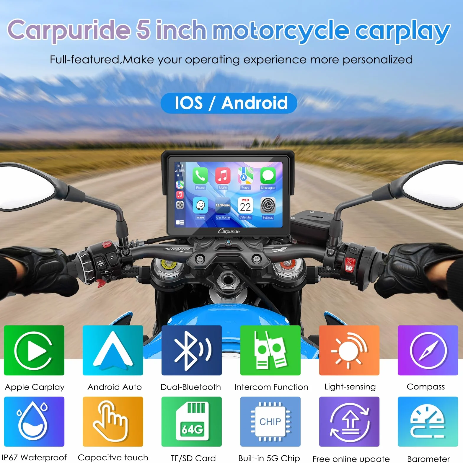 Carpuride W502PRO B do motocykli B.-M-.W CarPlay i Android Auto i podwójny Bluetooth, nawigacja étanche 5 pouces pour Moto, część muzyczna, interkom, korektor, uchwyt światła, kurtyna, barometr