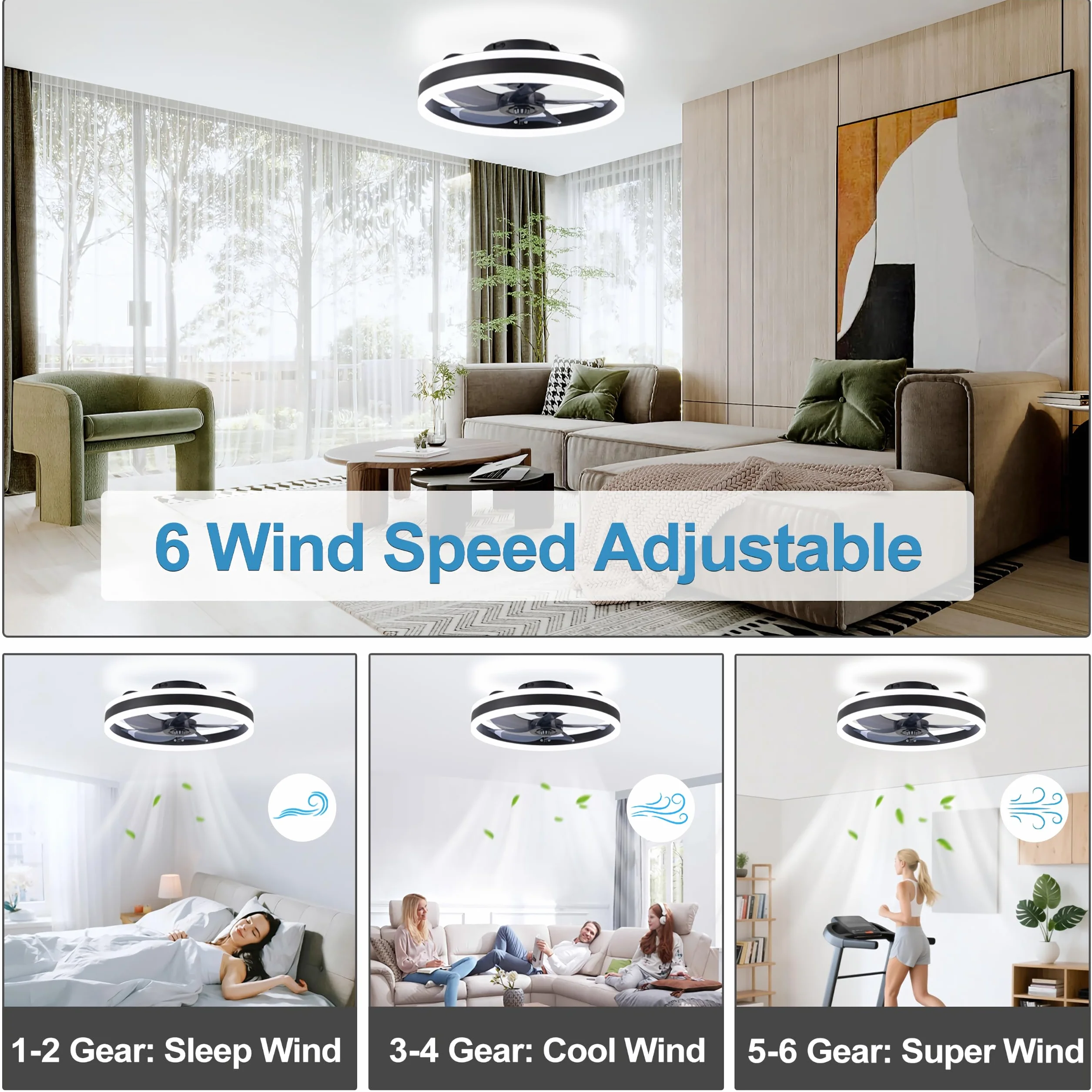 Cichy Wentylatory sufitowe z lampą Pilot, Nowoczesny Oświetlenie Lampa sufitowa z wentylatorem LED 58W Lampy sufitowe z wentylatorem Do Sypialnia Salon, 6 prędkości, Czarny 50CM