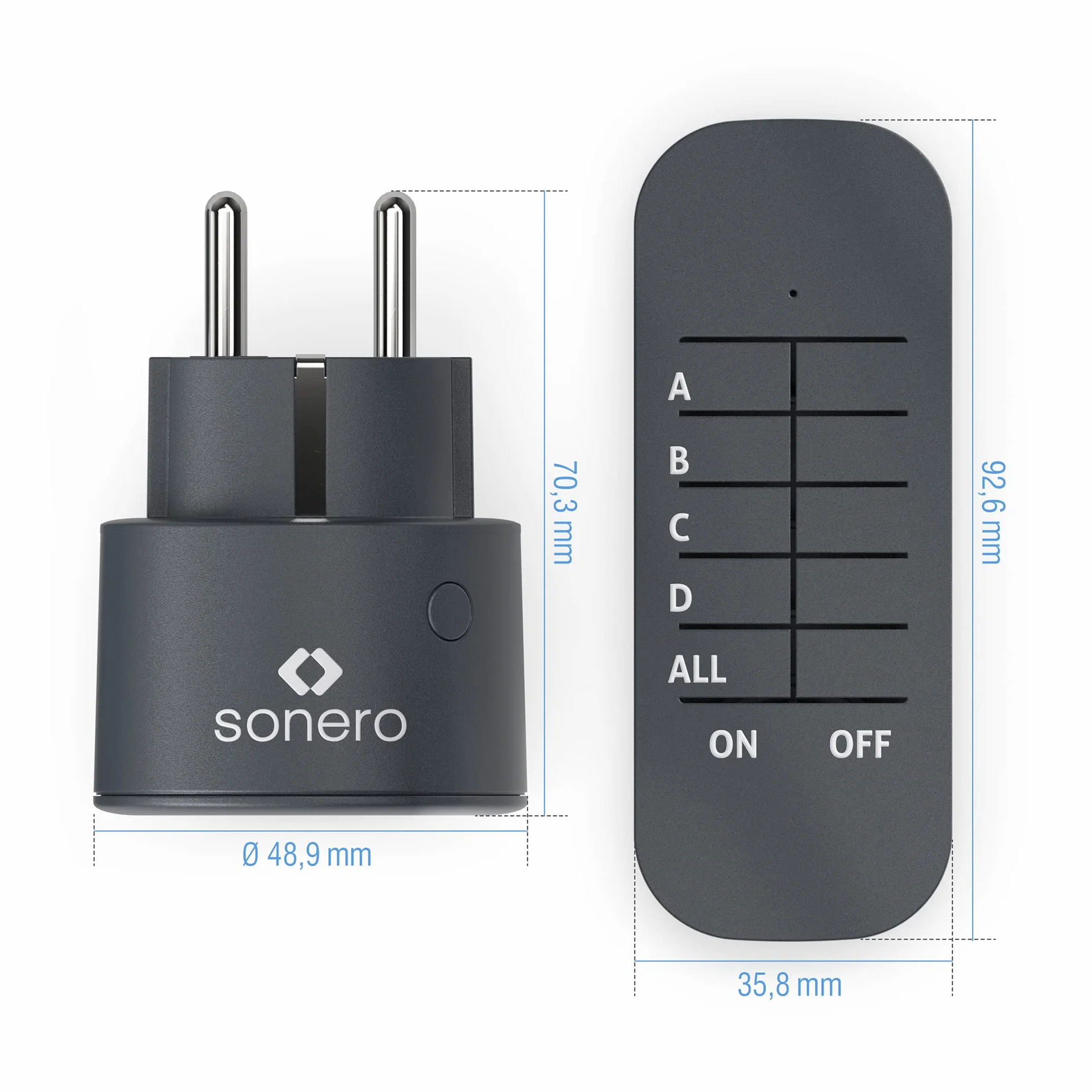 sonero zestaw bezprzewodowych gniazd 2300 W 2 gniazda pilot zdalnego sterowania antracyt