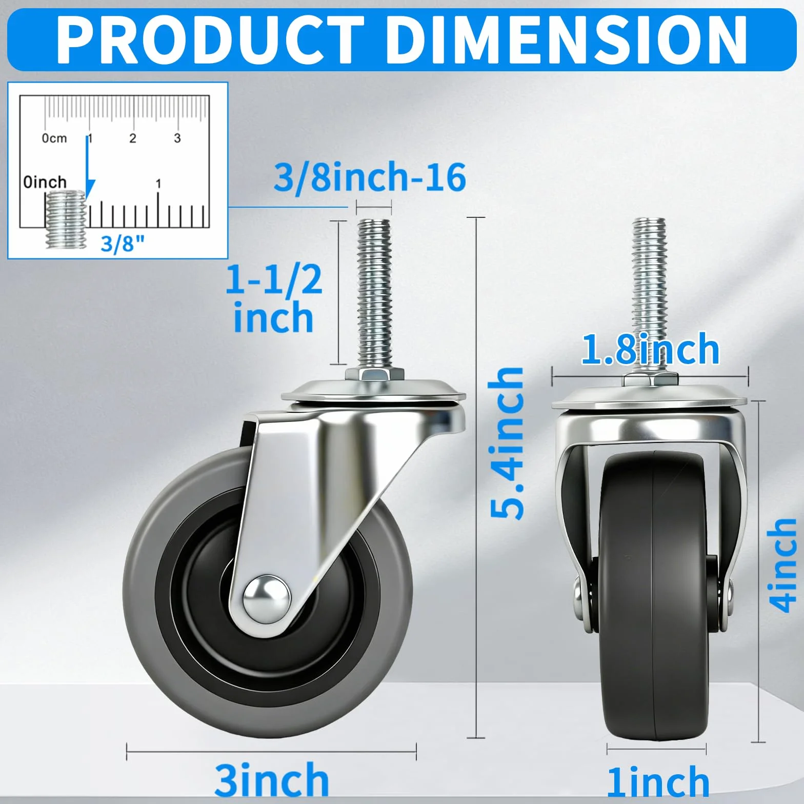 Koła jezdne, trzpień gwintowany 3 cale, kółka TPR 3/8"-16 x 1-1/2", wytrzymałe koło z gumy termoizolacyjnej, nośność 450 funtów, zestaw 4 szt.