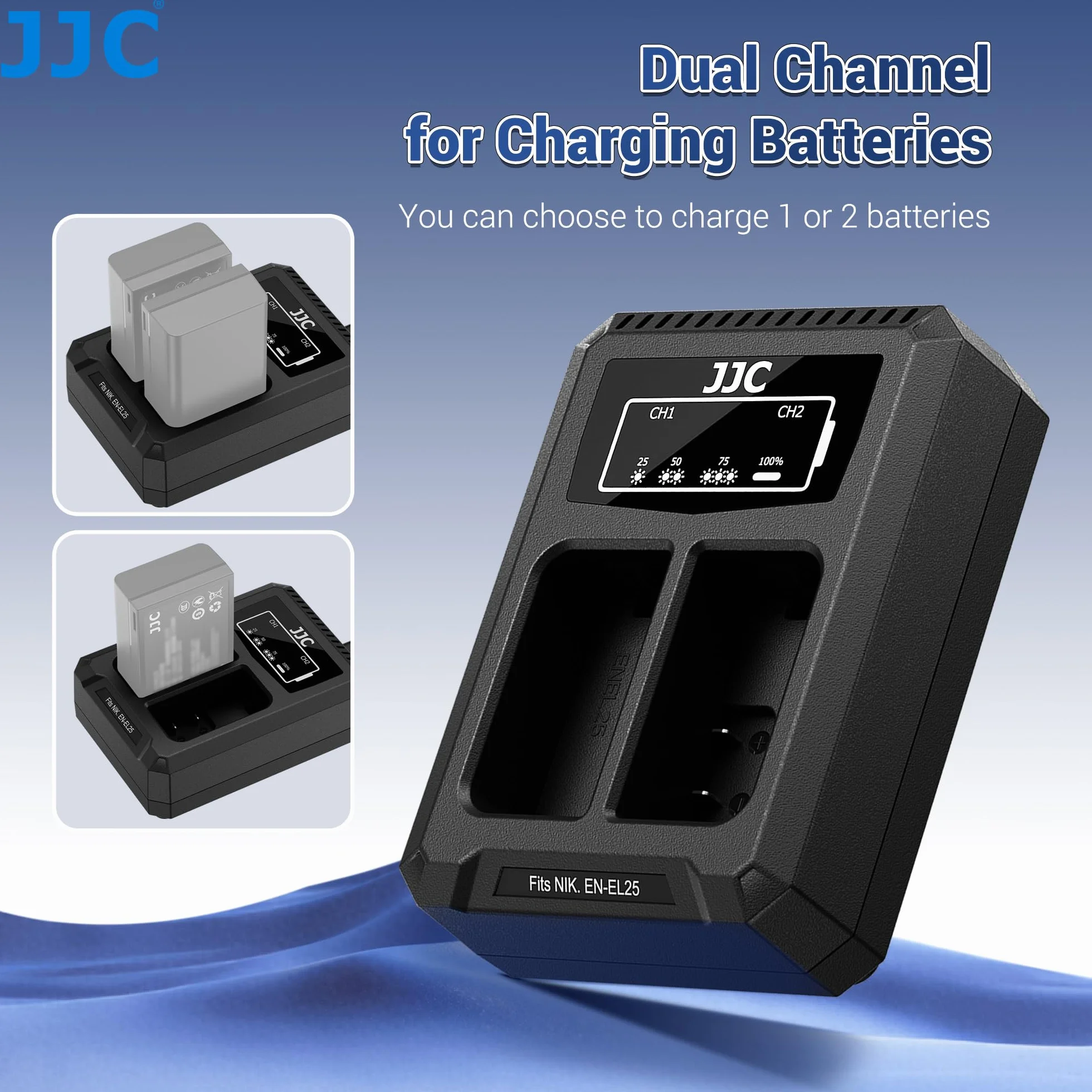 JJC Ładowarka podwójna baterii USB-C z kablem ładującym, kompatybilna z aparatami Fujifilm X-E5 X-E4 X-E3 X-E2 X100VI X100V X-Half X-PRO3 X-PRO2 X-T50 X-T30II X-T30 zamiennik Fuji NP-W126/NP-W126s