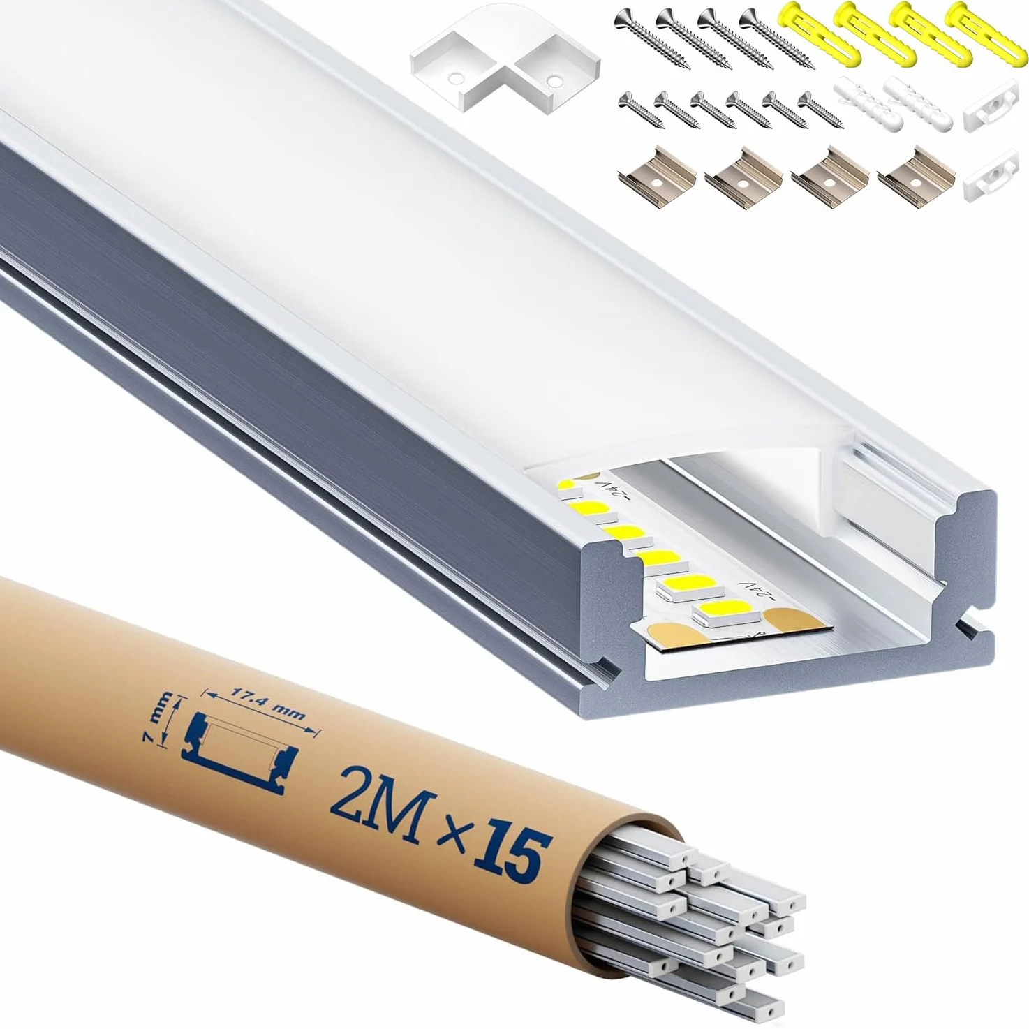 15 x szyna LED, 2 m, profil aluminiowy w kształcie litery U, z białą osłoną, zaślepkami i klipsami montażowymi, aluminiowa listwa do taśm świetlnych do 12 mm, listwa zasilająca, profil