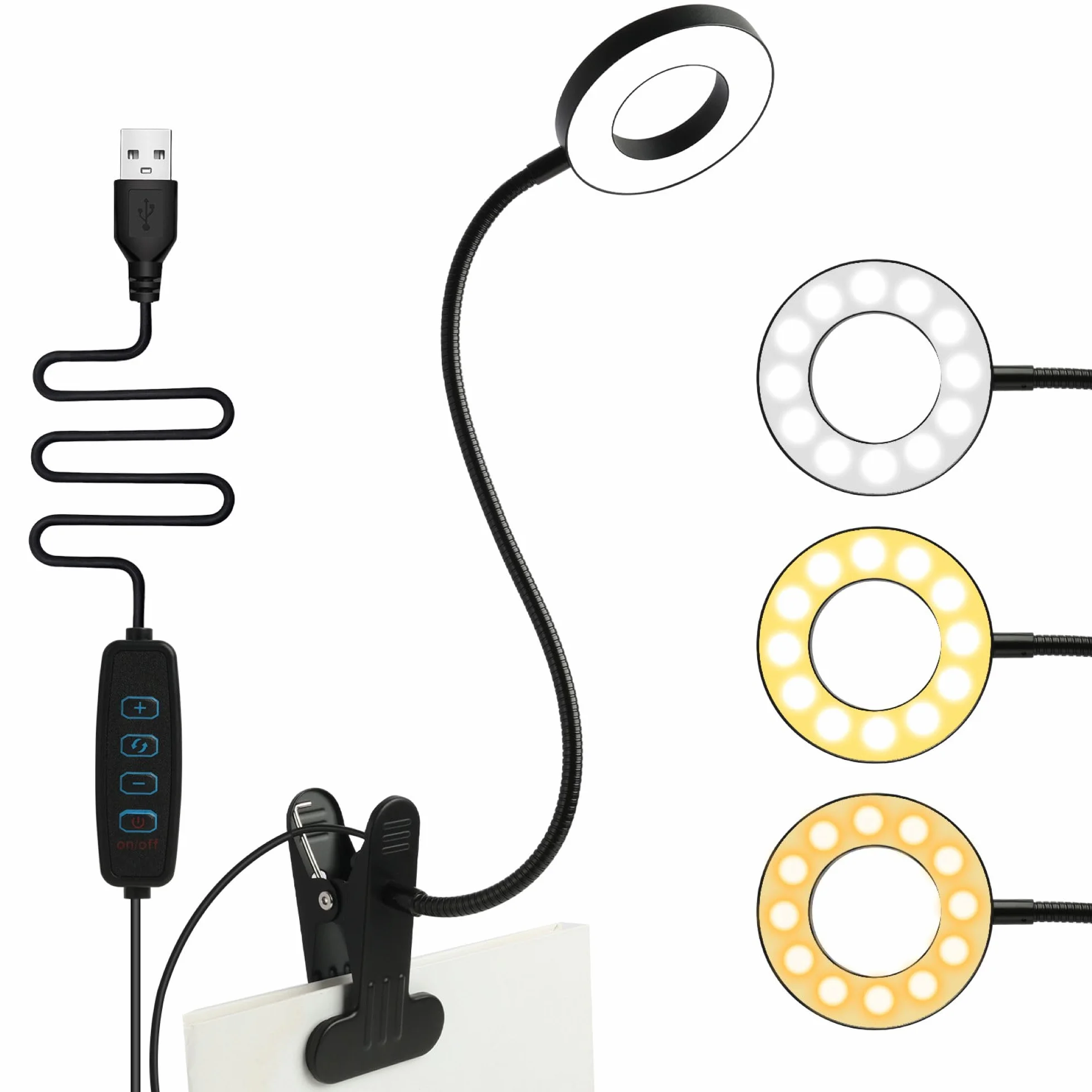 Lampa do czytania z zaciskiem LED elastyczna 360°, 3 tryby świecenia, 10 poziomów jasności, lampka nocna USB, energooszczędna lampa biurkowa LED, na stolik nocny, łóżko i biurko, 50 cm