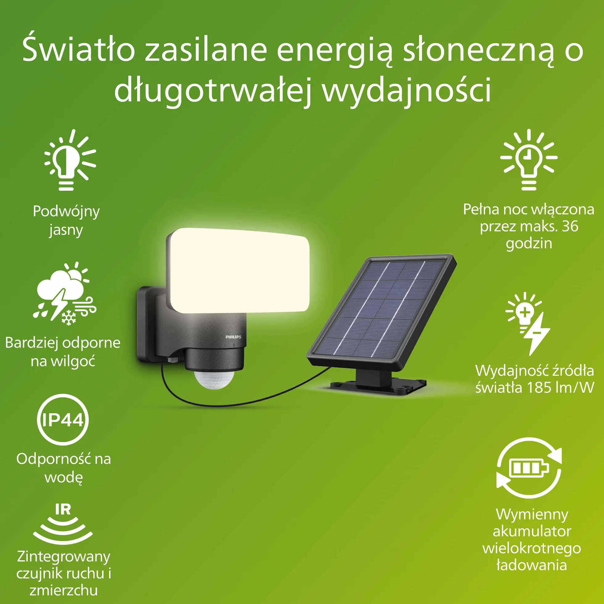 Philips Tylus UltraEfficient Zewnętrzna Lampa Solarna Bezpieczeństwa z Czujnikiem, 5000K, 1000/50lm, Czarna