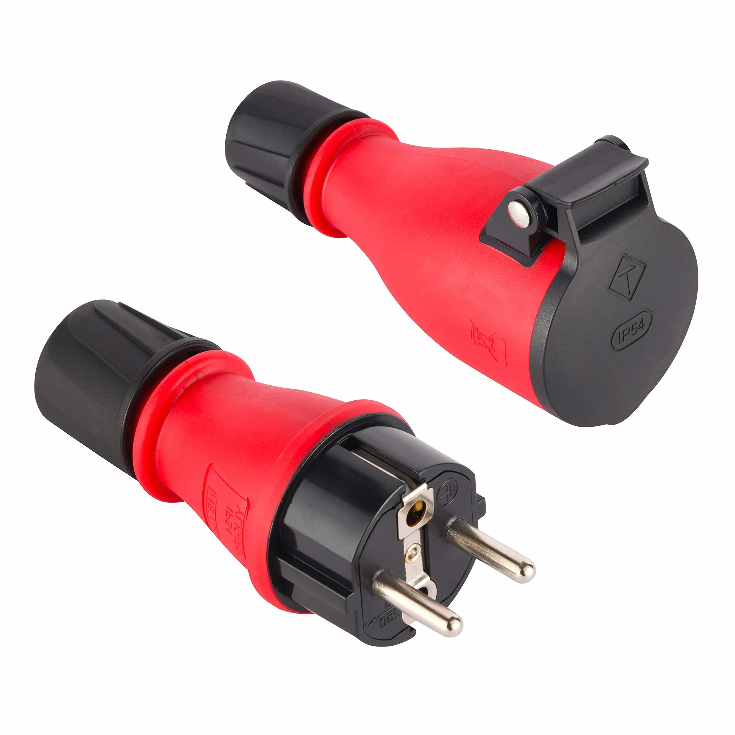 Electraline 92383 opakowanie z 1 gumową wtyczką + 1 gniazdko z zestykiem ochronnym IP54, z automatyczną osłoną sprężyn do pracy wolnej ręki, czerwony/czarny