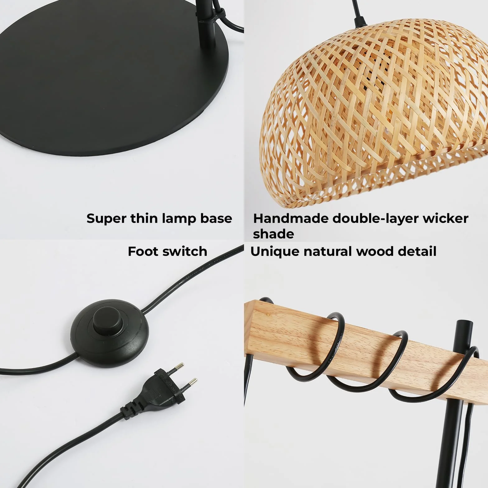 Alpinaluz Ręcznie wykonana lampa podłogowa z naturalnego wiklinowego klosza - czarna i drewniana rama, ultracienka podstawa, przełącznik nożny - nowoczesny styl Boho, wysokość 157 cm, E27