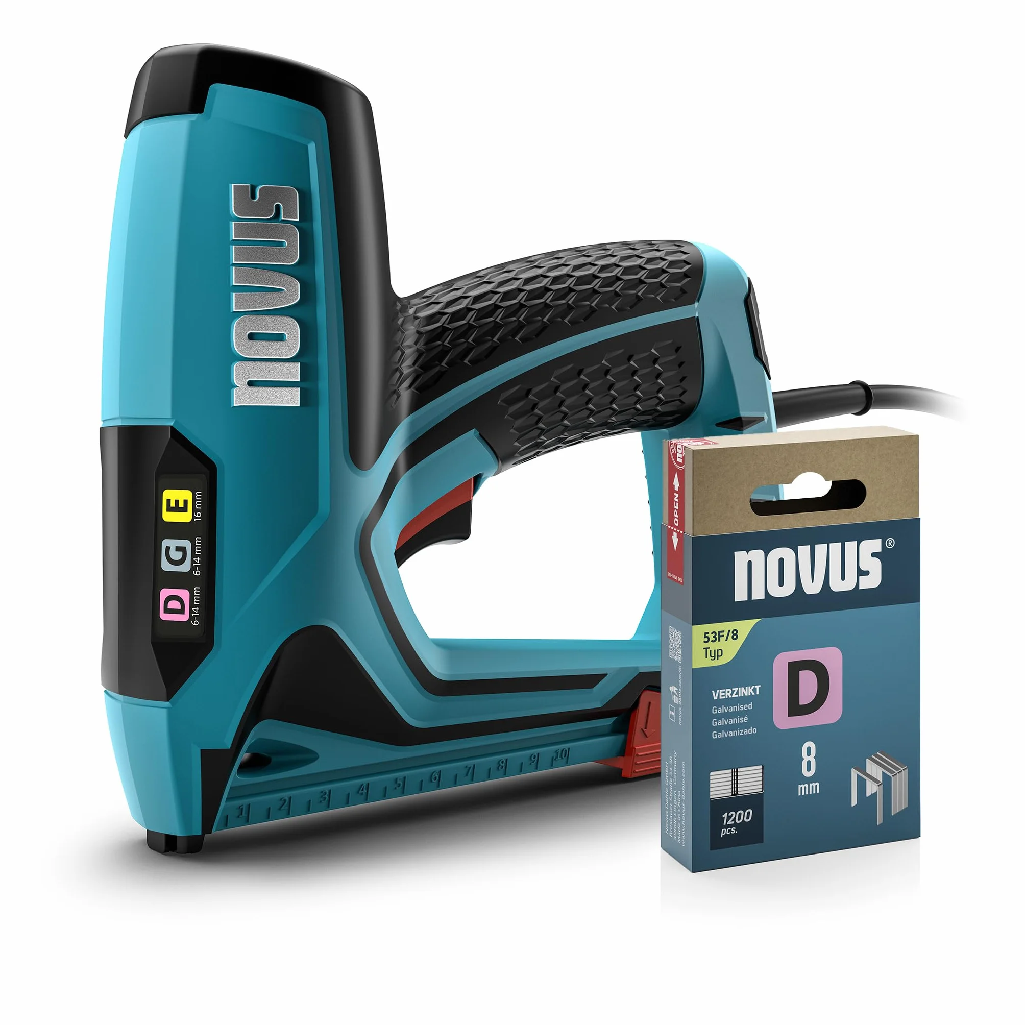 NOVUS TOOLS Zszywacz elektryczny J-151, zestaw ze 1200 zszywkami, profesjonalny zszywacz i pistolet do paznokci z regulacją siły uderzenia, ogranicznikiem dystansowym i mechanizmem podładowania │ do