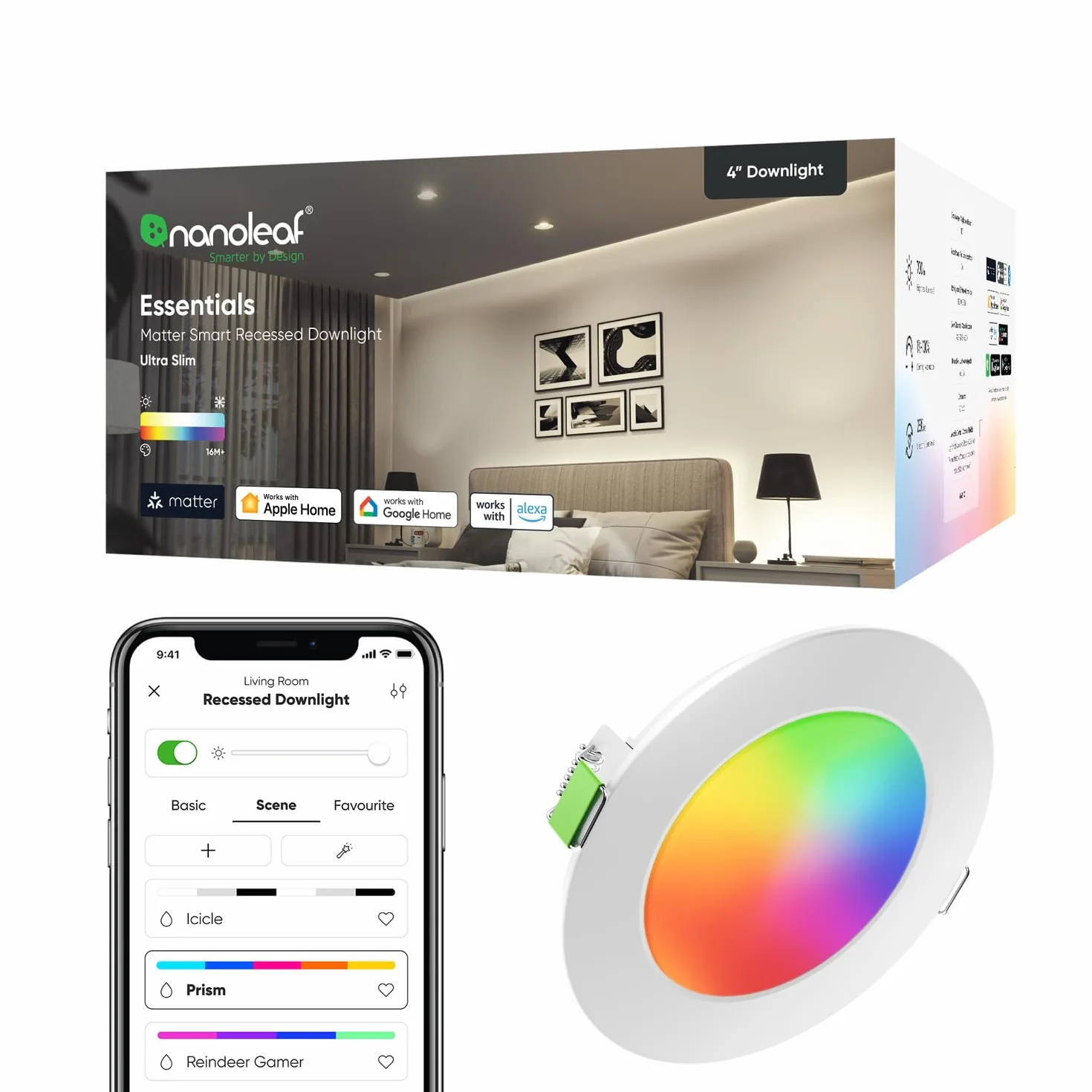 Nanoleaf Matter reflektor do zabudowy RGBCW LED, 1 inteligentna i ściemniana żarówka, 550 lumenów, wycięcie 75-85 mm, aplikacja Wi-Fi Bluetooth / sterowanie głosem (współpracuje z Alexa, Apple