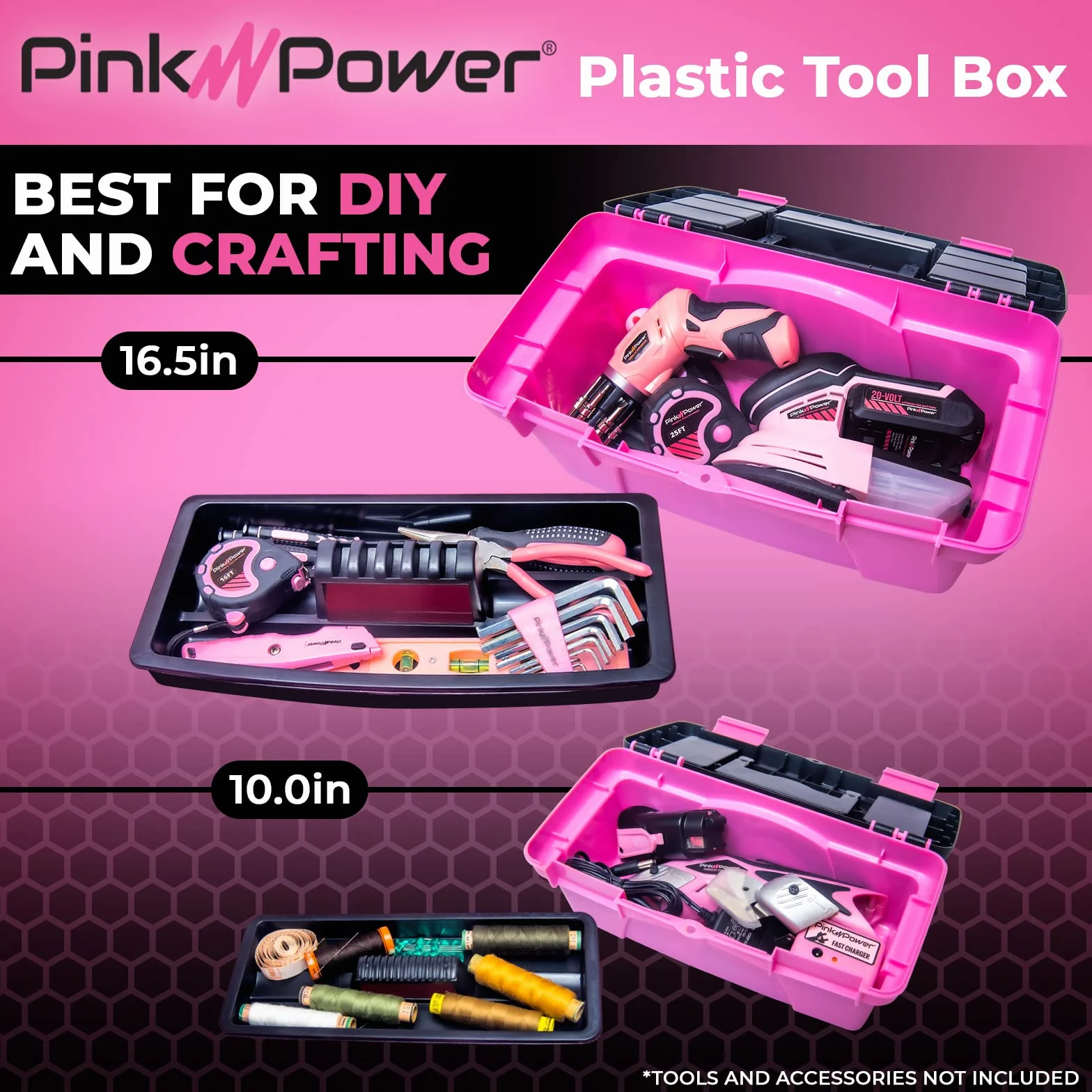 Pink Power Pink Tool Box for Women - Sewing, Art & Craft Organizer Box Small & Large Plastic Tool Box with Handle - Pink Toolbox Sewing Box Tool Storage Box - Portable Mini Locking Tool Boxes (2 Pack)