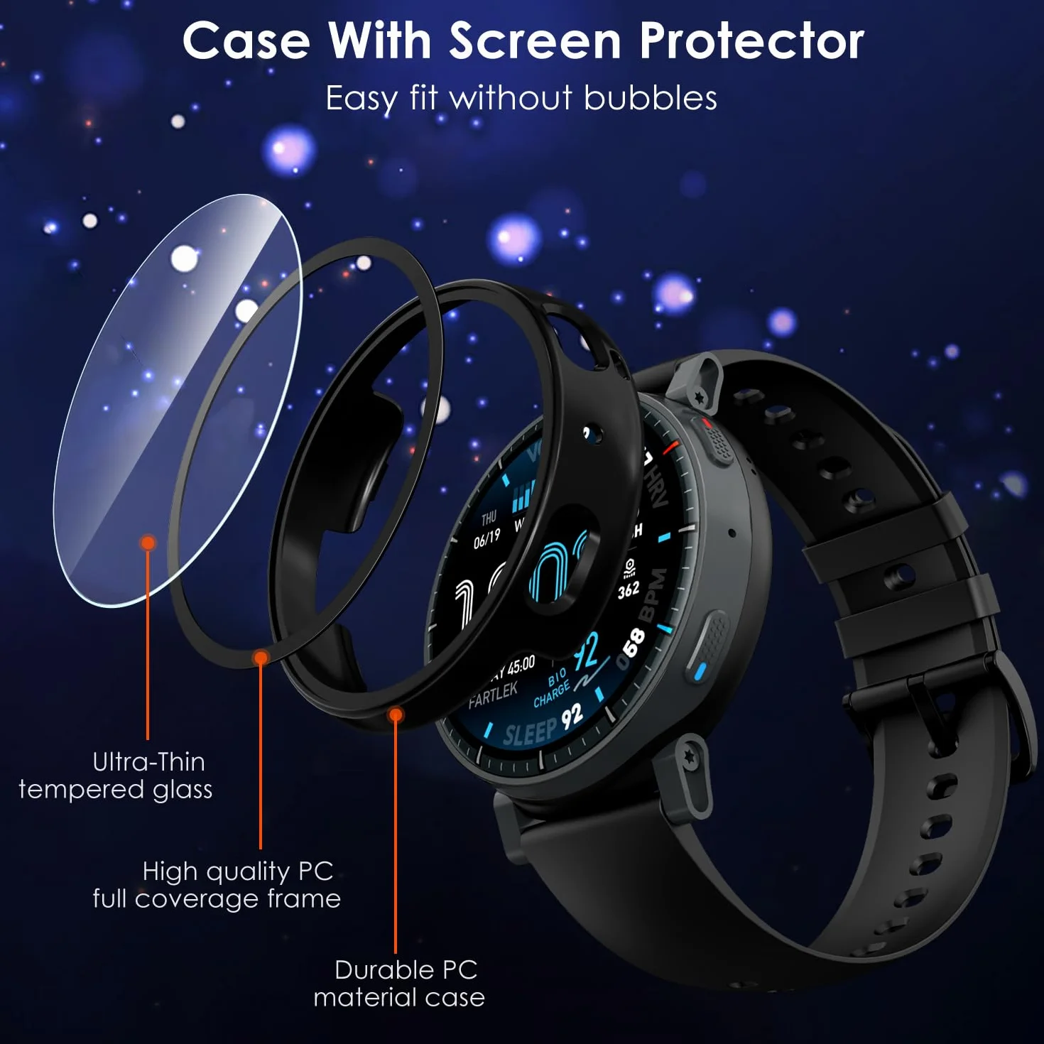 iVoler 3 sztuki etui ze szkła hartowanego do Amazfit Active Max, pełne pokrycie, odporna na wstrząsy osłona ekranu, smukły twardy zderzak