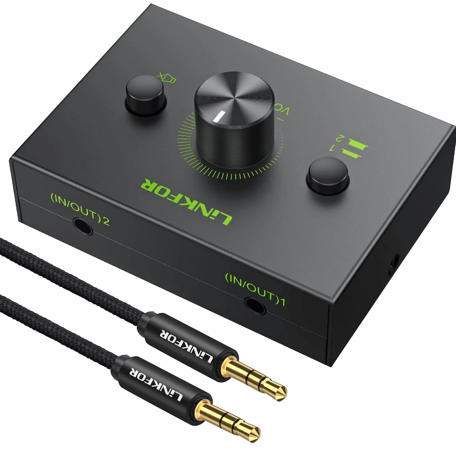 LiNKFOR Przełącznik audio stereo 3,5 mm - 1 w 2 lub 2 w 1 wyjście z kablem audio 3,5 mm, selektor audio do komputera, telefonu, laptopa i słuchawki
