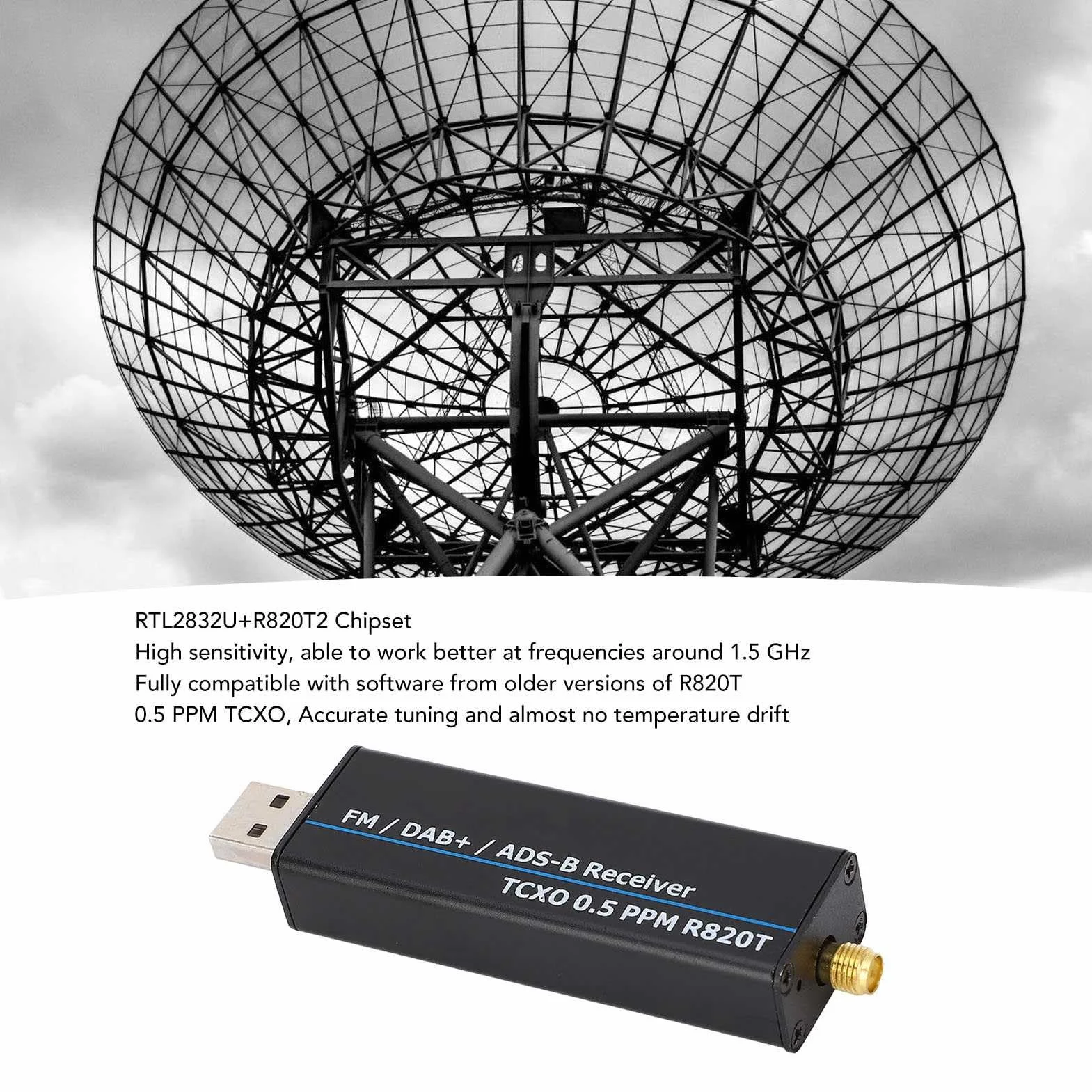 Odbiornik RTL SDR RTL2832U R820T2 0,5 PPM TCXO USB 100 KHz-1766 MHz Pełnozakresowy VHF UHF Krótkofalówka
