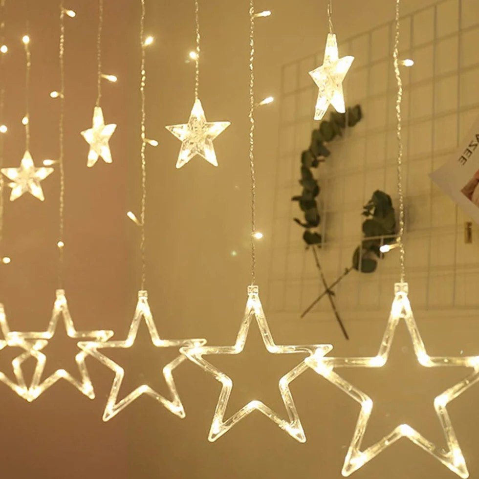 Dekoracja kurtyny świetlnej, 12 gwiazdek 108 diod LED 2,5 m, lampki świetlne LED, oświetlenie bożonarodzeniowe, zasilanie bateryjne (brak w zestawie), dekoracja wnętrz na wesele, do domu, choinki