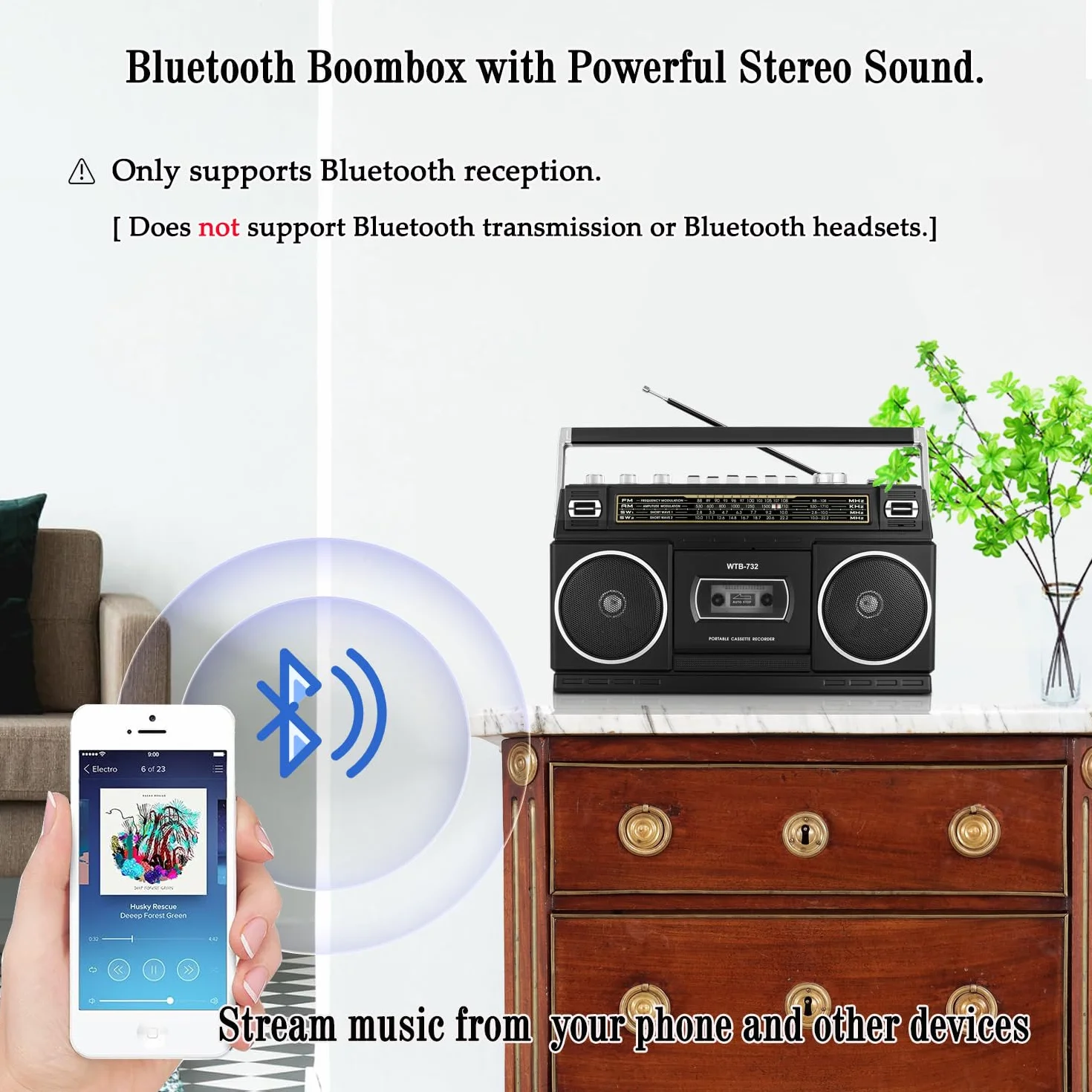 Retro Boombox Bluetooth 24 W z Odtwarzaczem Kasetowym Radio AM/FM/SW USB micro SD
