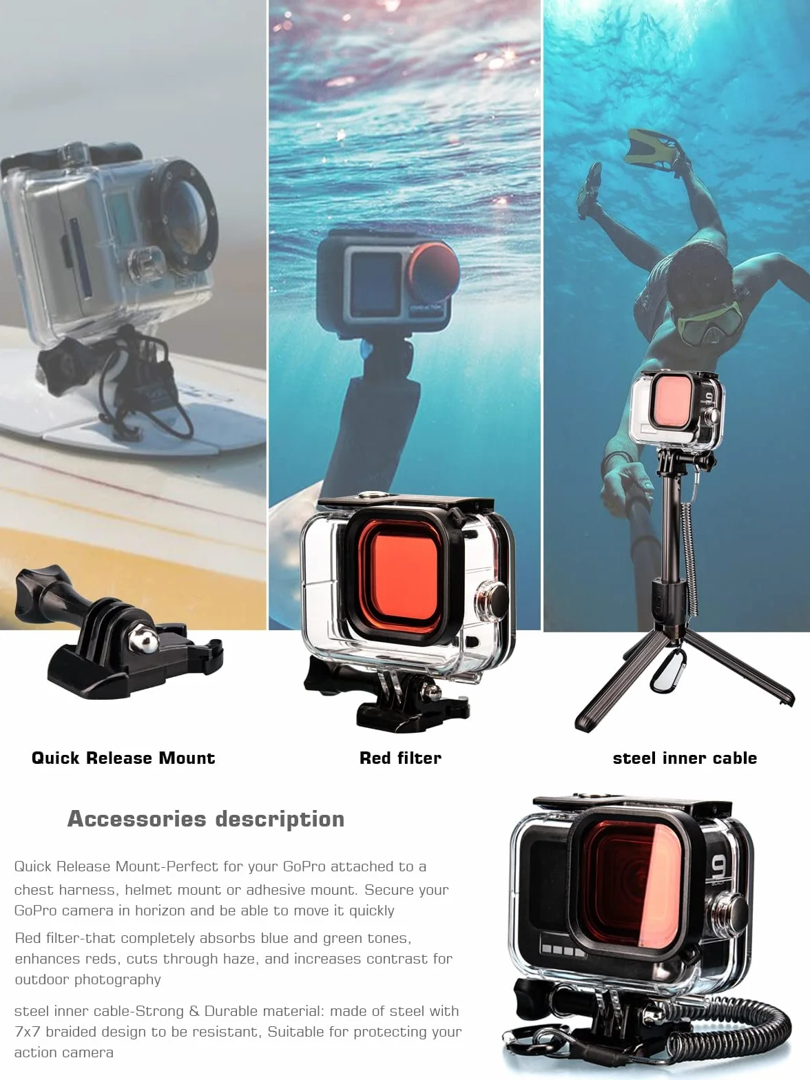 Lammcow Wodoodporny zestaw obudowy ochronny kompatybilny z GoPro Hero 11 10 9 Black, etui do nurkowania 60M