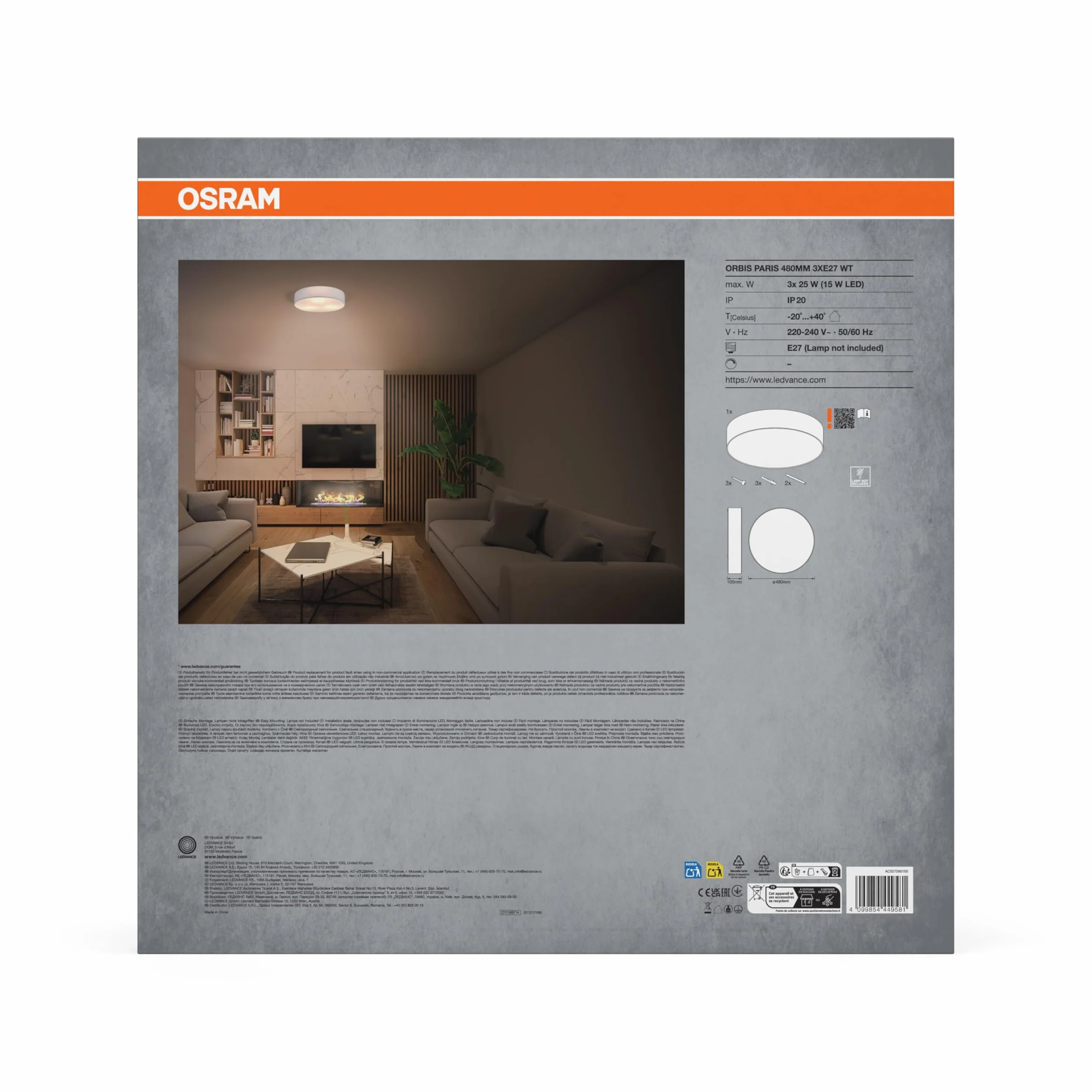 OSRAM Lampa sufitowa ORBIS PARIS 480mm, biała, trzonek 3XE27, możliwość wyposażenia w inteligentną lampę, wysokiej jakości, nowoczesny design, z tekstylnym kloszem, odpowiednia do wnętrz, okrągła, | Orbis Paris, oświetlenie wewnętrzne ścienne, białe, śred