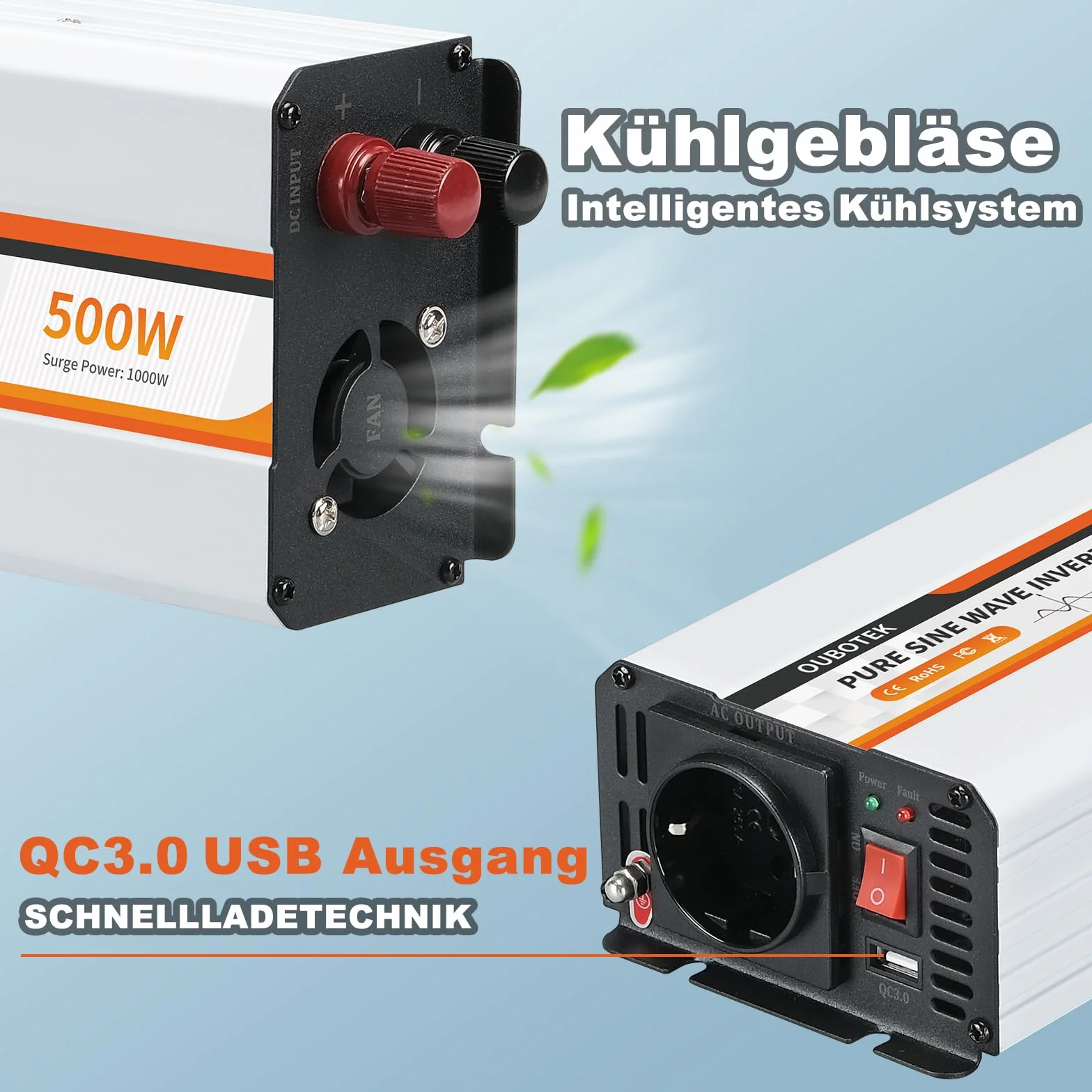 Falownik 500 W / 1000 W, przetwornica napięcia 12 V na 230 V, czysty sinus, samochodowy przetwornik napięcia z przyłączem USB i gniazdami EU, do kampera, samochodu, solarnego