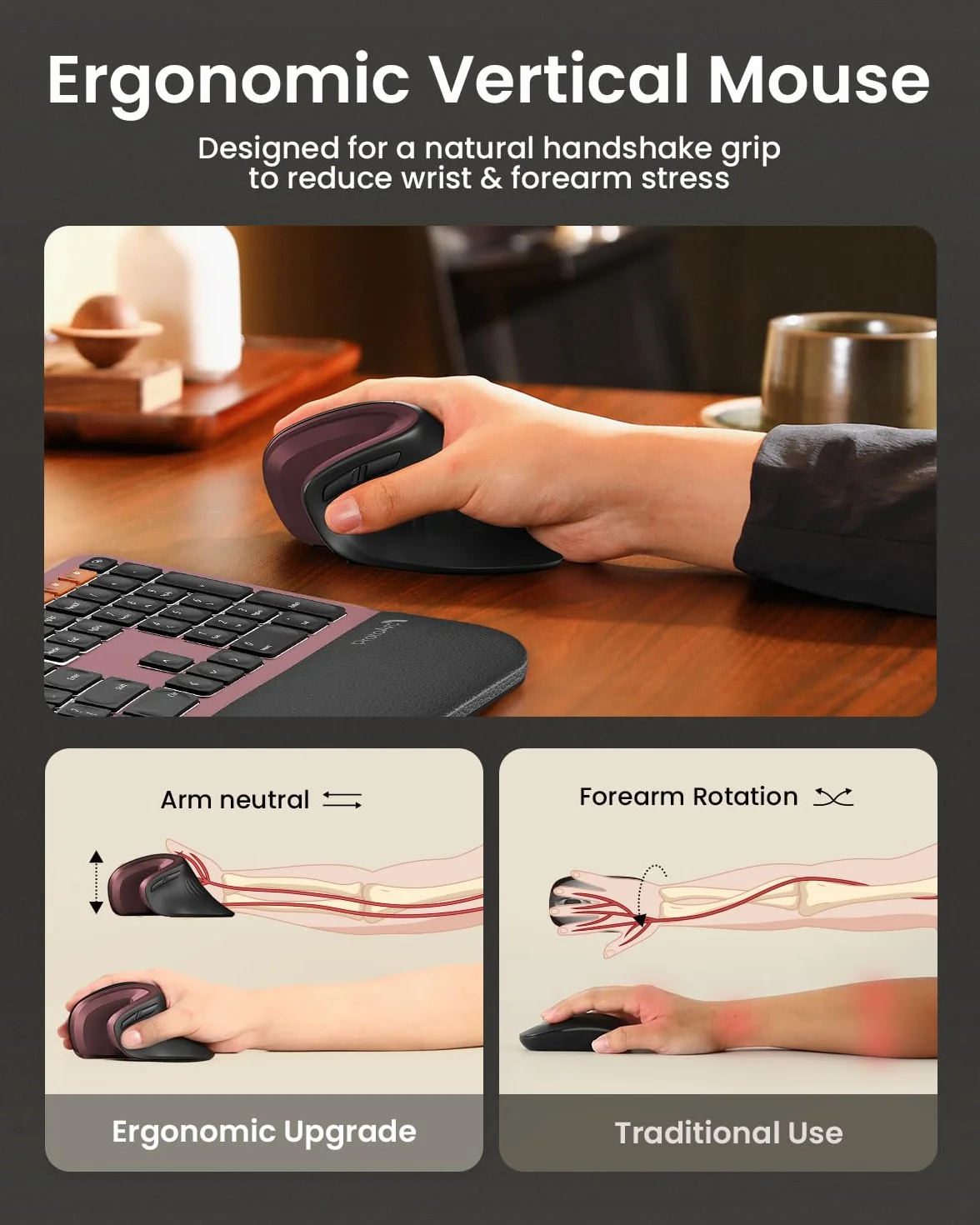 ProtoArc EM11 Ergonomiczna mysz pionowa bezprzewodowa ładowalna 3 urządzenia Bluetooth USB czarno-czerwona