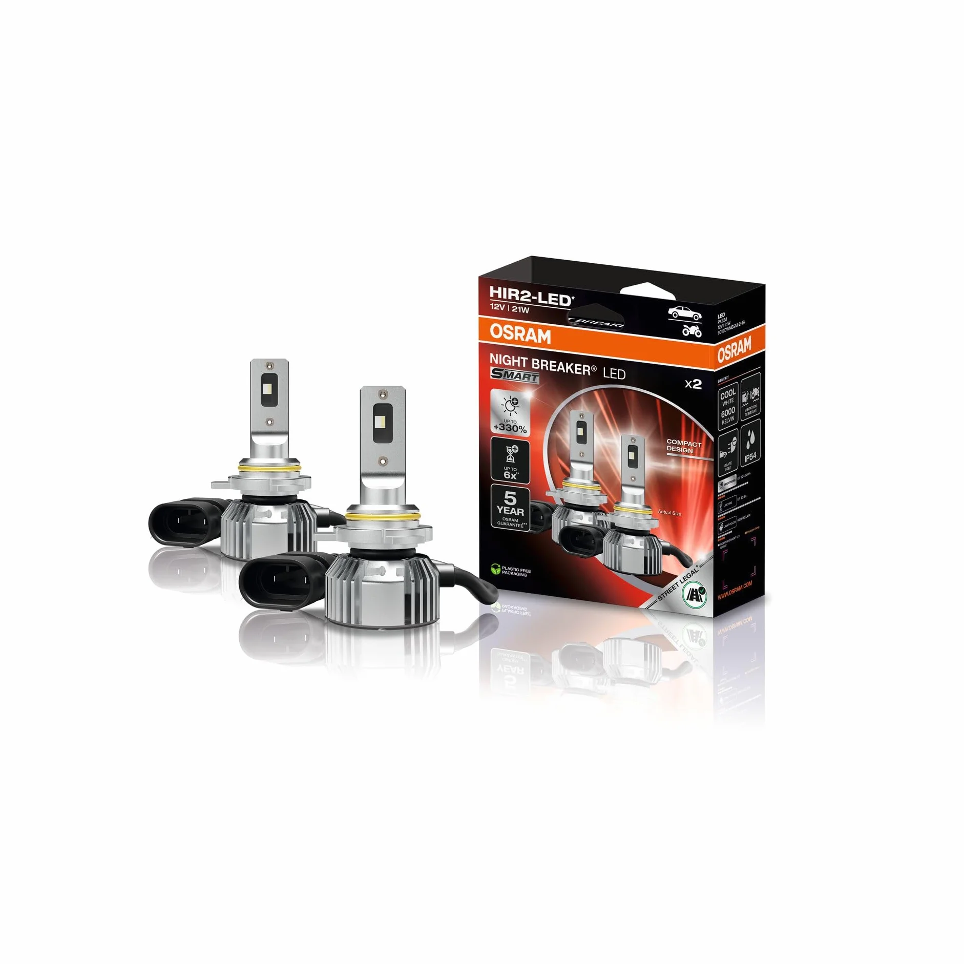 OSRAM NIGHT BREAKER LED SMART HIR2; jasność 330%; temperatura barwowa 6000K, diody LED o dużym i przyciemnionym świetle, zapewniające dobre oświetlenie do stosowania na otwartych ścieżkach.