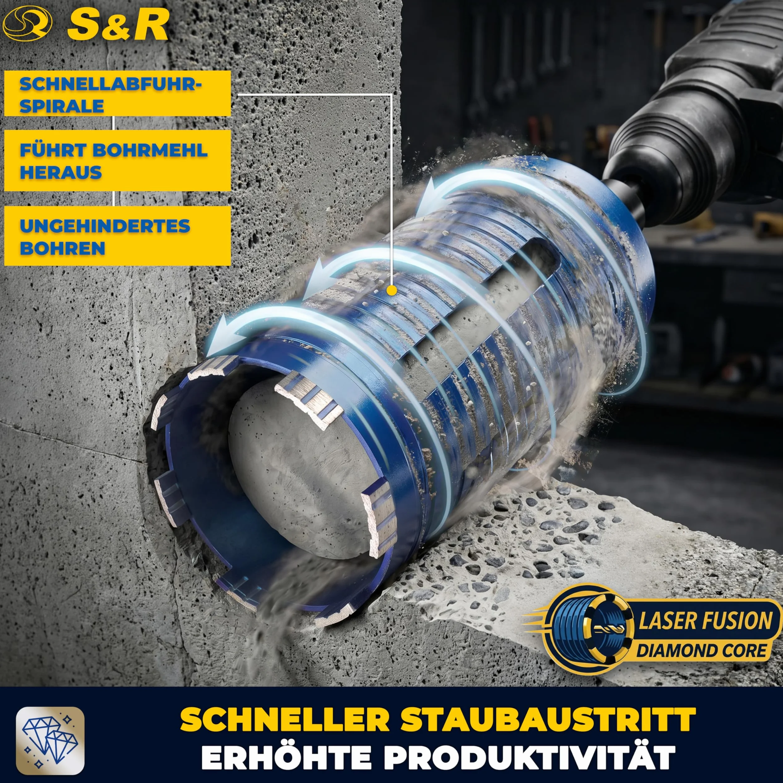 S&R Diamentowa koronka wiertnicza 122 mm, wiertło rdzeniowe M22, długość 200 mm, segment 10 mm, wiertło centrujące, adapter SDS-plus, koronka wiertnicza na sucho, diamentowa koronka wiertnicza do