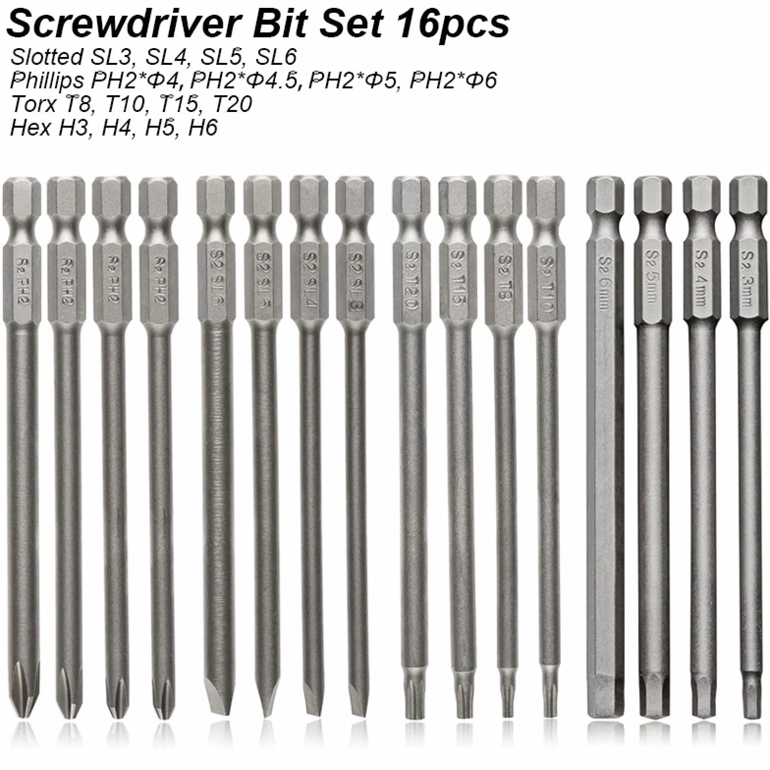 Zestaw bitów do wkrętaków z rowkiem Phillip Square Torx Końcówka wiertła do śrub Mocny magnetyczny adapter Długi krzyżak Narzędzie precyzyjne Kij 100 mm (bity do wkrętaka 16 szt.)