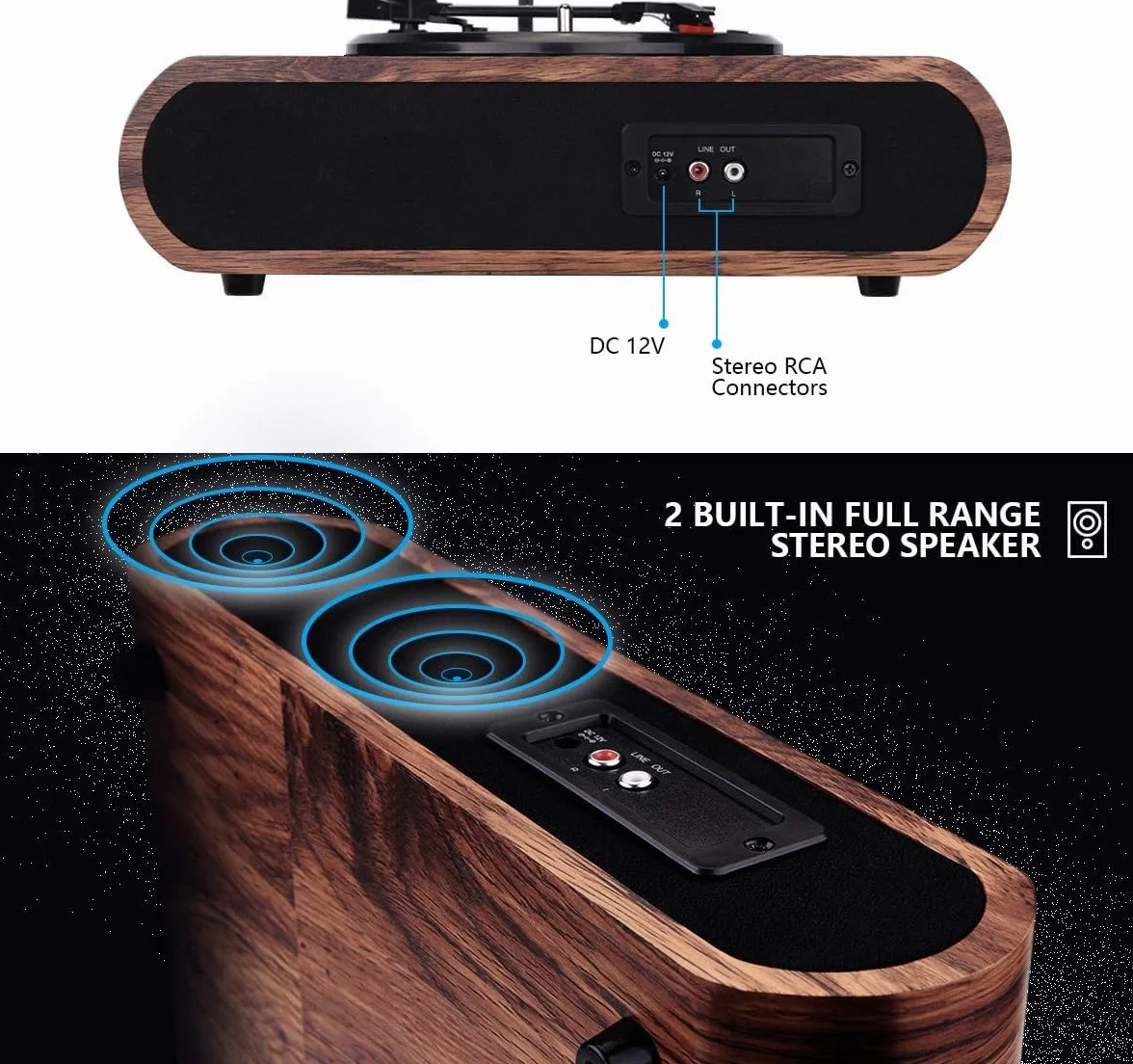 Gramofon Bluetooth VOKSUN winylowy z głośnikiem AUX RCA AM FM przenośny retro orzech włoski