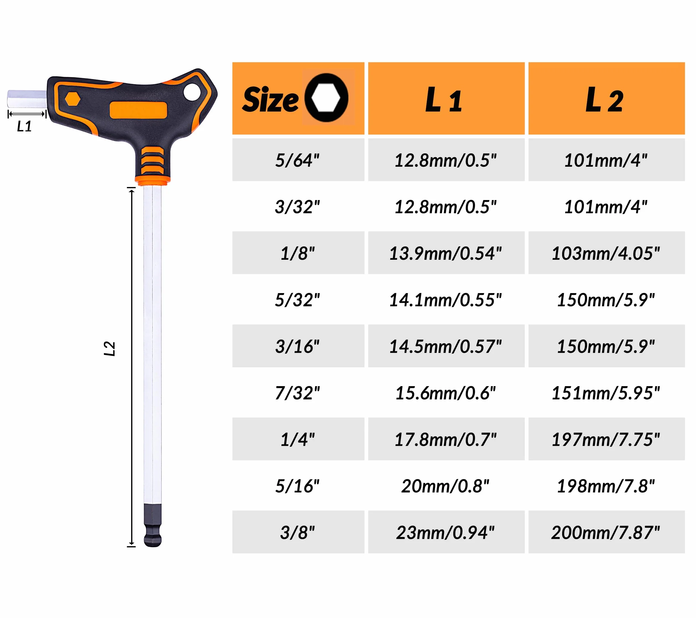 NordWolf 9-częściowy zestaw kluczy imbusowych SAE z uchwytem T, klucze sześciokątne ze stali S2 z długim ramieniem, rozmiary od 5/162.6 cm do 3/20.3 cm w pudełku do przechowywania