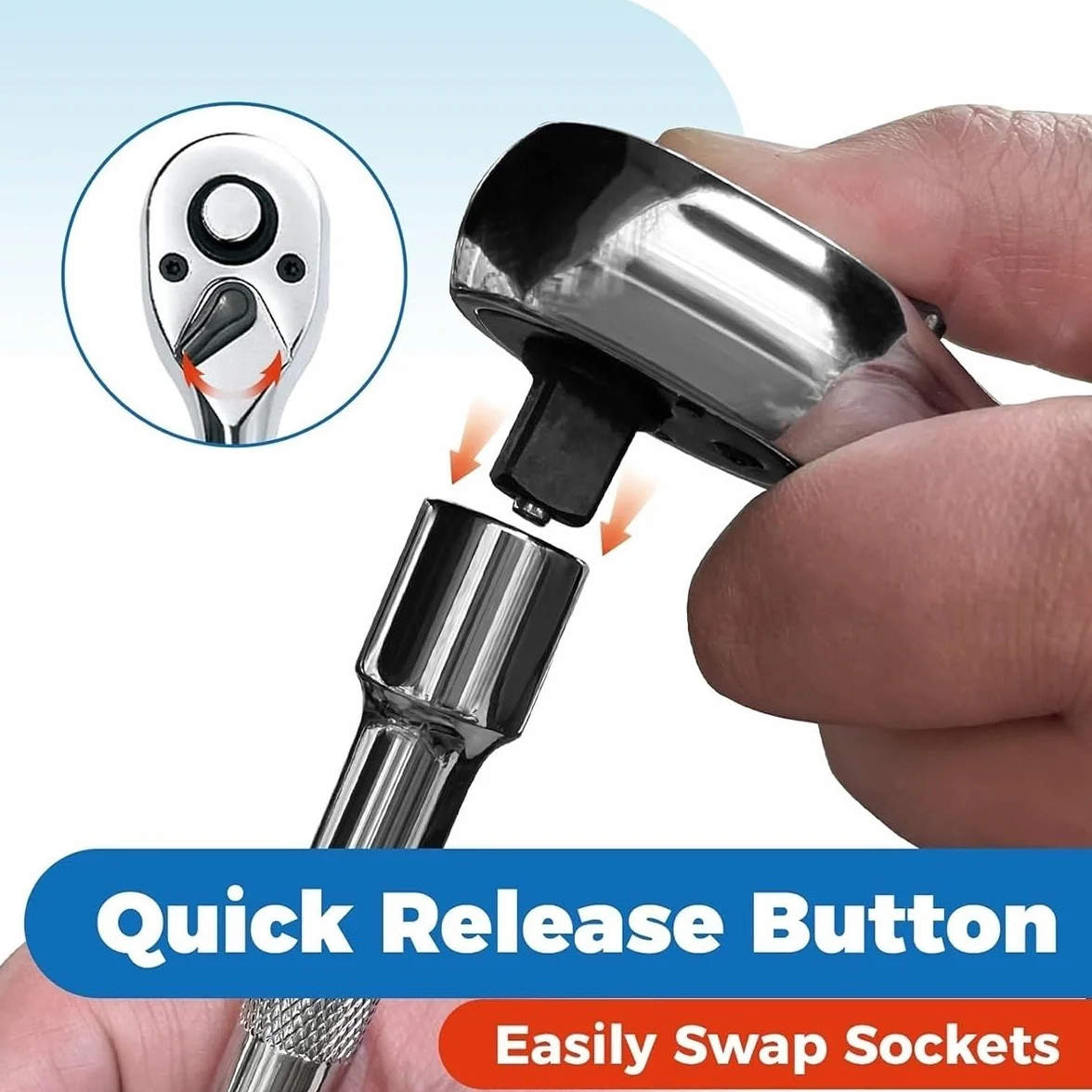 Telescopic Ratchet Zestaw grzechotek kluczy nasadowych 1/4" 3/8" 1/2" 24-zębowy, szybkozamykający, dwustronny klucz dynamometryczny(3-Piece)
