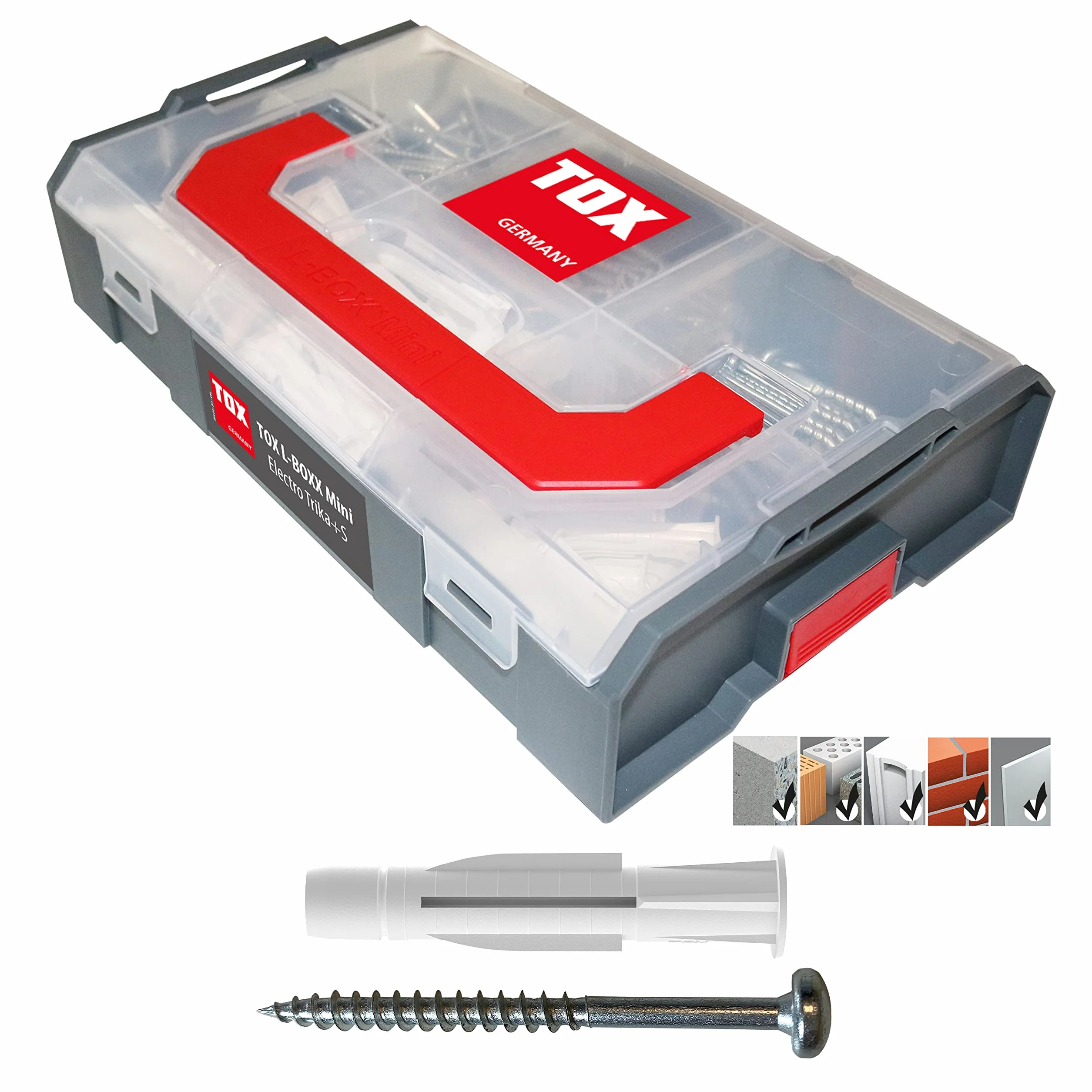 TOX L-BOXX Mini - Electro Trika + S, kompaktowe, efektywne pudełko na kołki rozporowe, podzielone na maksymalnie sześć przegródek, śruby i kołki do mocowania w prawie wszystkich materiałach