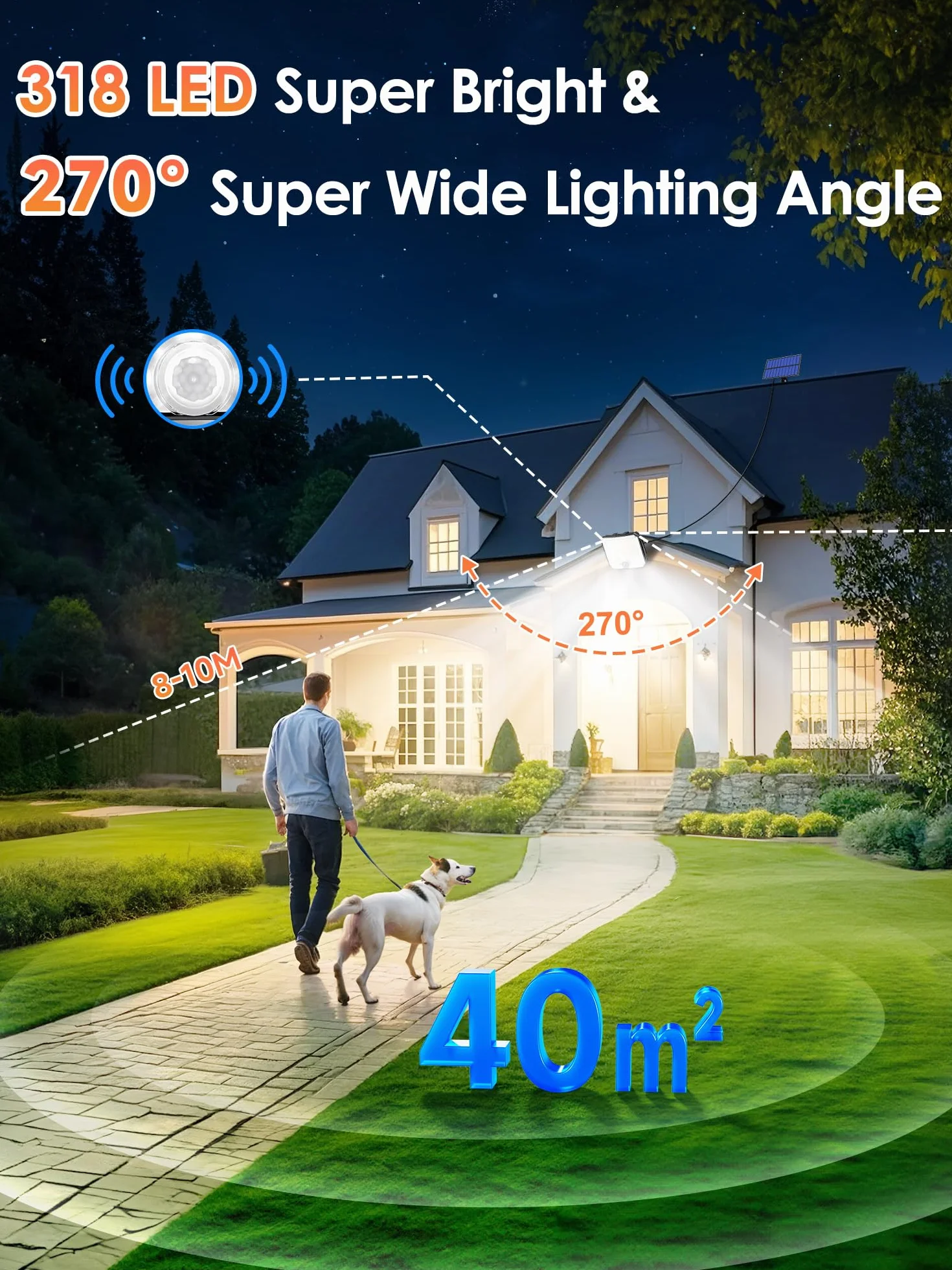 PIKOY Lampy solarne do użytku na zewnątrz z czujnikiem ruchu, 318 diod LED, 1500 lm, reflektor solarny do użytku na zewnątrz, 3 tryby pracy, 2200 mAh, wodoszczelność IP65