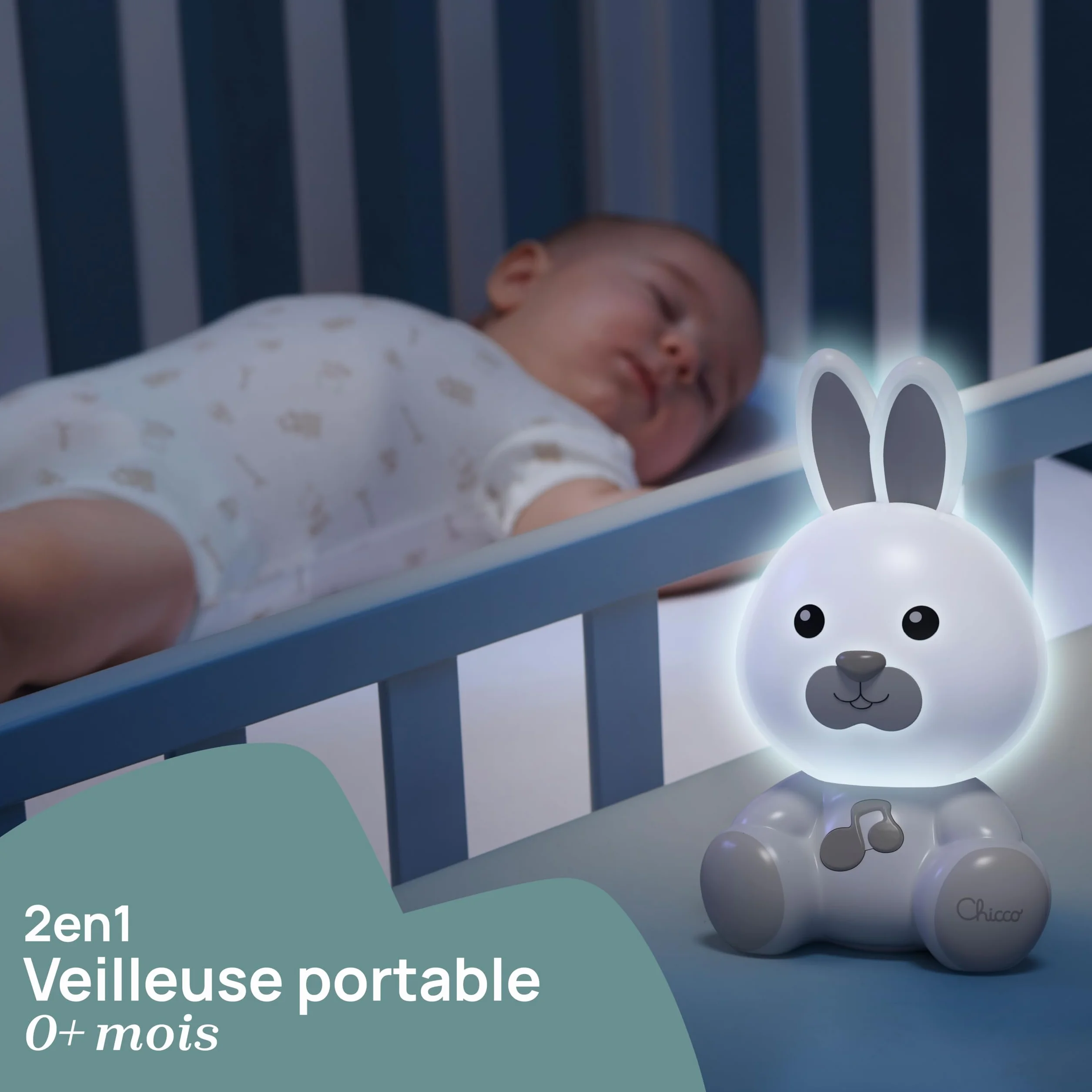 Chicco Lampka Nocna Króliczek, Przenośna Lampka Króliczek z Muzyką Klasyczną i Kojącymi Dźwiękami, Przenośna Lampka Nocna i Lampka Prowadząca, 0 miesięcy +, Neutralna