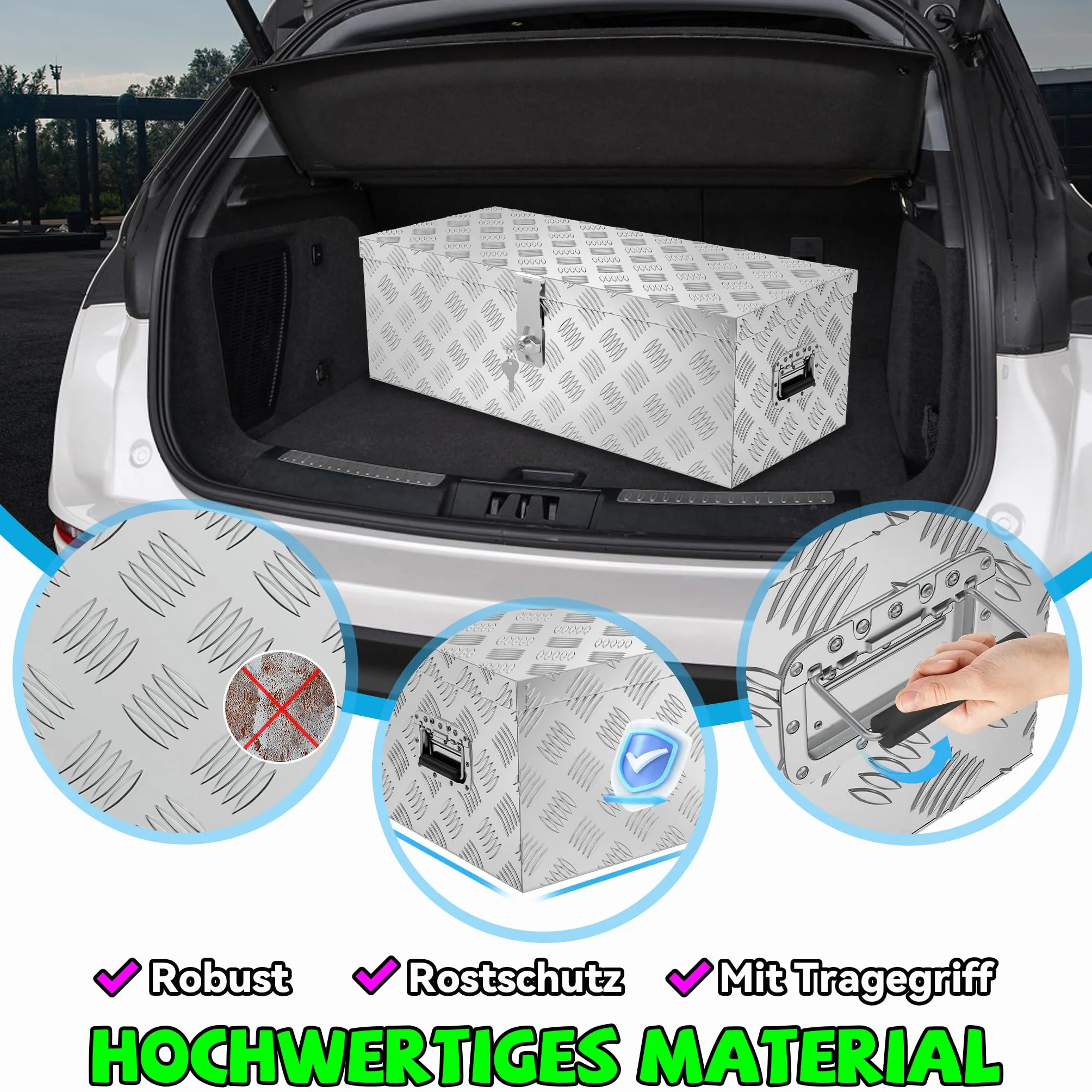 LARS360 Aluminiowa Skrzynka Transportowa 800 x 220 x 225 mm, Zamykana z Przyczepą Na Narzędzia, z Dyszlem i Pokrywką, Wytrzymała Do